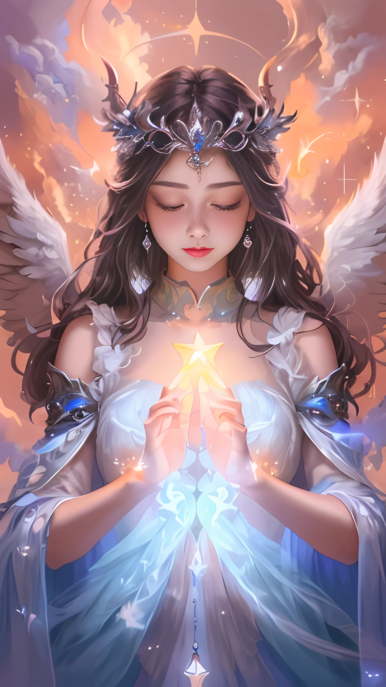 a woman with wings and a crown holding a star, glowing angelic being, ethereal angelic being of light, beautiful angel, of beautiful angel, beautiful female angel, angelic light, goddess of light, beautiful fantasy art, portrait of a beautiful angel, angel spirit guide, very beautiful fantasy art, detailed fantasy digital art, high quality fantasy art, beautiful celestial mage