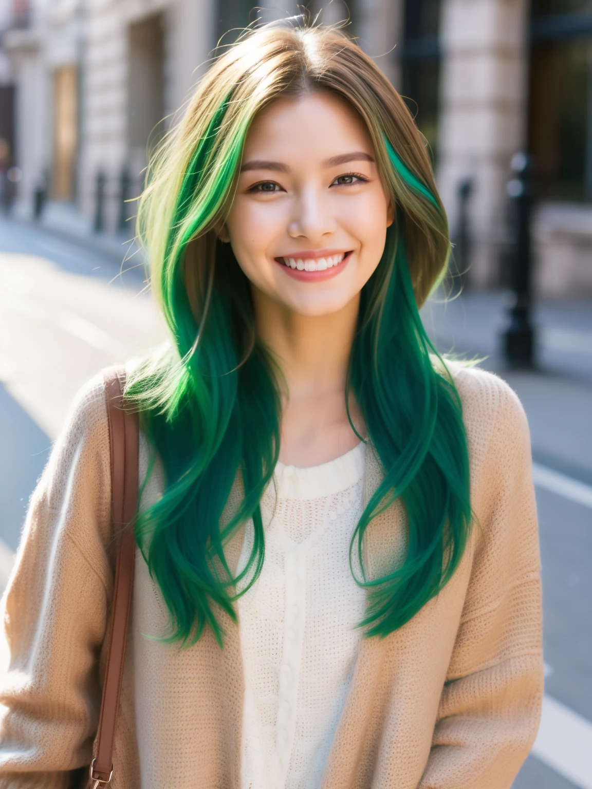 Green hair , brown hair , happy , smile, clothes 