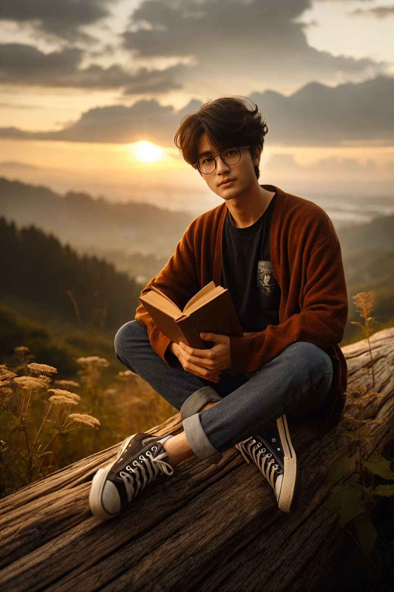 arafed man sitting on a log reading a book, high quality portrait, book portrait, reading a book, he is holding a large book, dramatic reading book pose, with sunset, holding a book, reading new book, dramatic reading spell book pose, portrait shot, during golden hour, photo portrait, hyperealistic photo, aesthetic portrait, mid shot portrait