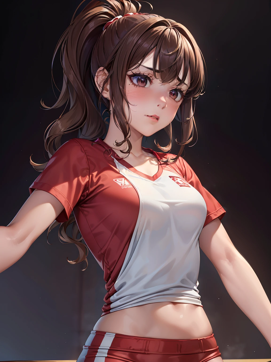 A fit young woman in her 20s. wearing a red sports top and black cycling shorts. She has shoulder-length straight red hair. no background. on the stage. 카메라를 바라본다
huge boobs. she is walking