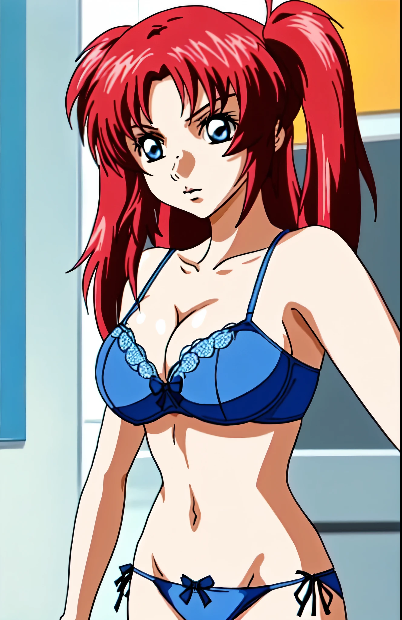 anime girl in a blue bra with a blue bow and blue panty、Girl with long red hair、blue eyed girl、two side up hair、seductive anime girl、clothing:blue bra、blue panties、anime moe art style、big breasts、girl with very big breasts、(anime girl)、attractive anime girl、naughty anime style、Beautiful charming anime teen、Smooth anime CG art、indoor、cleavage、bra with an blue、panty with an blue、whole body、a girl is standing、digital anime art!!、female focus、perfect body、pretty anime girl、full body、anime best girl、solo、underwear only、Bra and panties only、8k!!、High resolution!!、