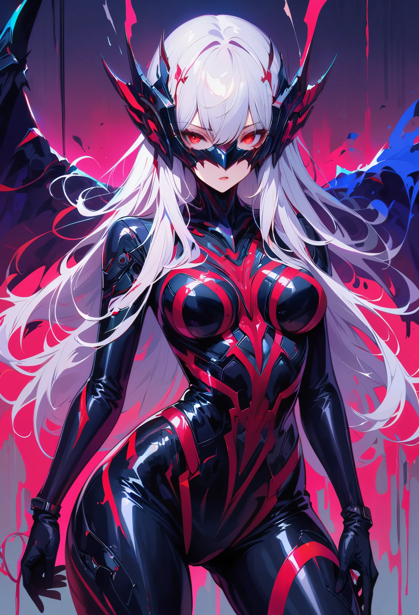 1girl, redhead hair, girl, mature woman, micro highleg highneck swinsuit, small breast, futuristic cyberpunk, bionic joints, (twin tail, hairband, mechanical eye, colored sclera, red sclera, long hair, green pupils, fang, red eyes, black croped jacket ) 2d, colorful manga detailed illustration, cinematic, ultra highly detailed, beautiful details, vivid, saturated colors, filigree detailed, tiny details, pop surrealism, cowboy shot