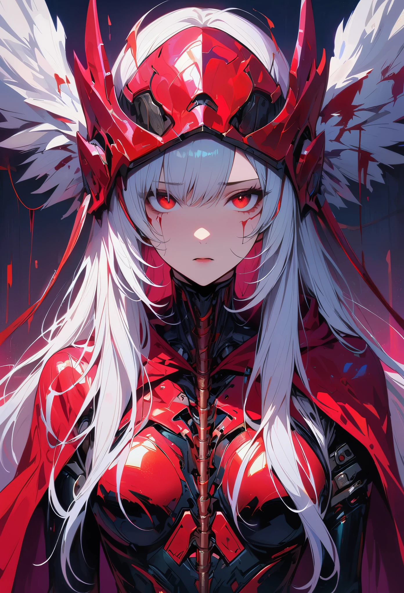 masterpiece, best quality, 8K, Digital painting, 1 girl, solo, stand up, youth, White hair, long white hair, hair accessories, red eyes, round pupils, Emotionless expression, blood stains, Mechanical Parts, electric wire, cable, failure effect, horrifying, science fiction, futuristic, Dark inside the background, neon lights, cyberpunk characters, Surreal, weird, Disturbing, spine-chilling, horrifying, jumpsuit,Red eyes,Venom Possession,blackened,Long black gloves,One-piece Pants,tight latex bodysuit,Highlight her graceful figure,wrap the whole body,symbiont,((Raised sexy)),jumpsuit,Red eyes,Venom Possession,blackened,Long black gloves,One-piece Pants,Black latex clothing,Blood-red eyes,best quality, High resolution, Super detailed, Vivid textures, mask, tight latex bodysuit, Bangs,purple hair, blue eyes