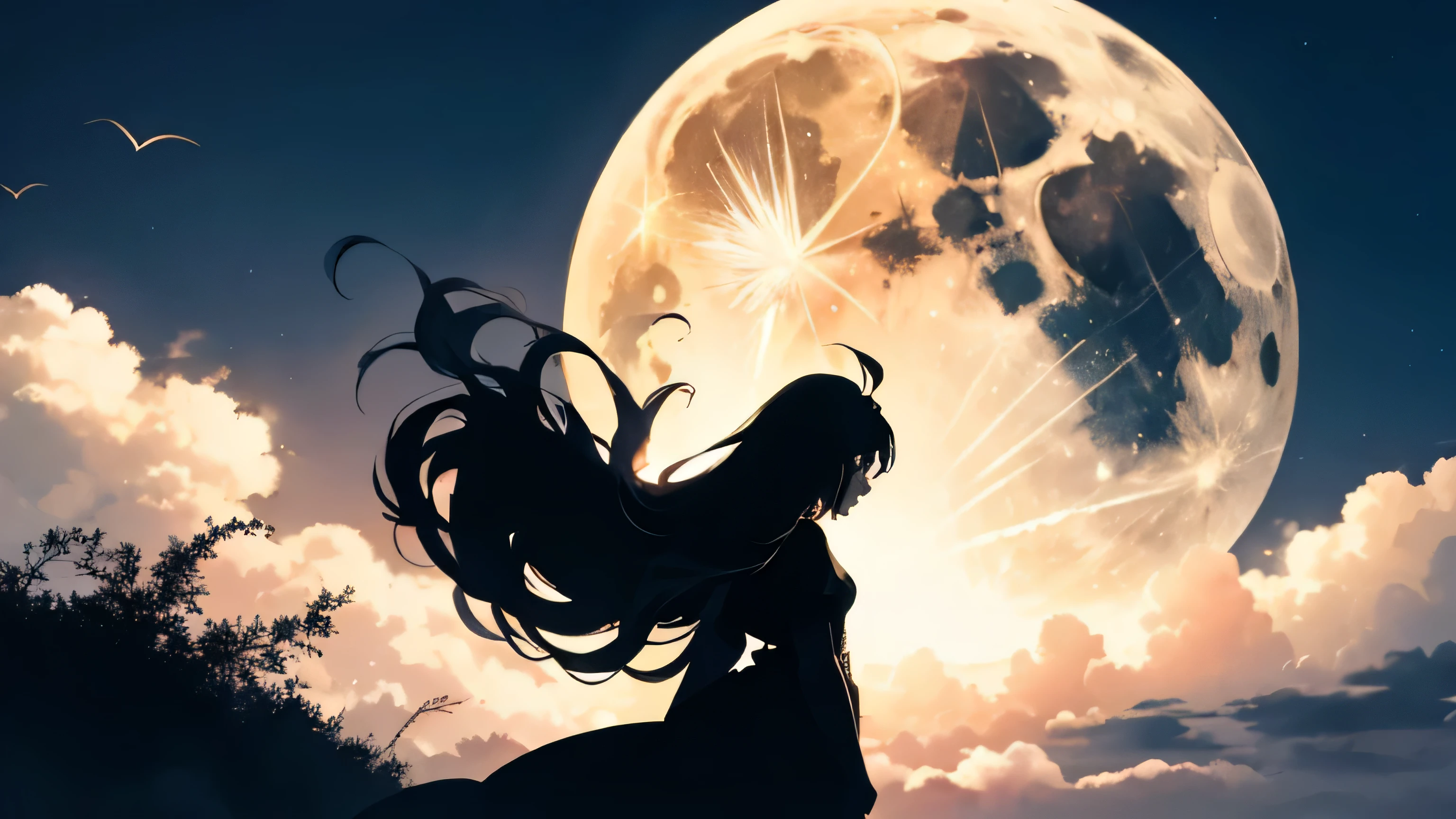 masterpiece, highest quality, night, hill, cloud, full moon, long hair, woman, silhouette, fire Fly.