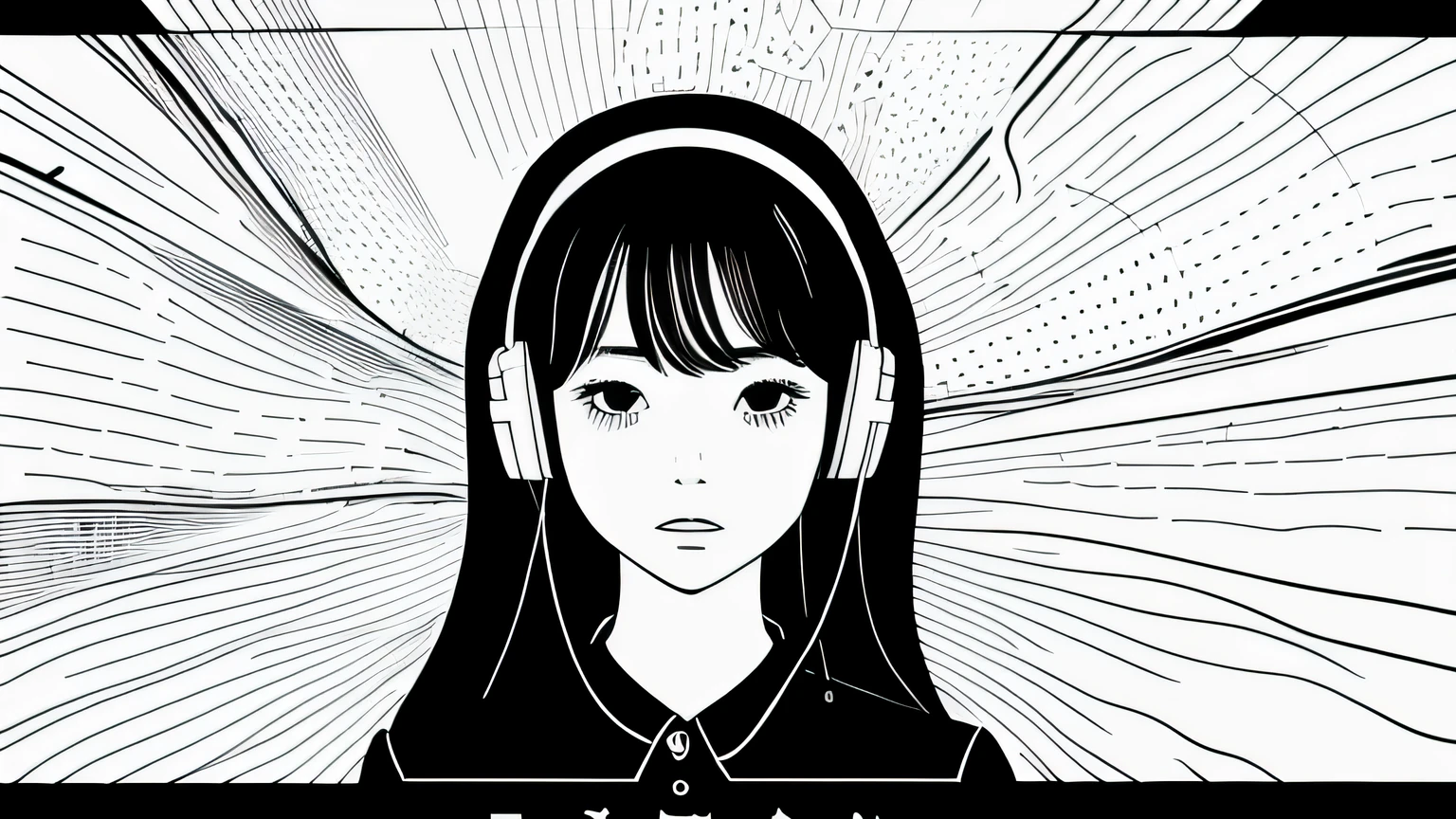 Anime girl from the future, (y2k style, poster in the style of minimalistic line - art), dots and lines, 1960s algorist aesthetic, worn dark distressed finish, strange things, metaverse, celestialpunk, yokai, Yuumei, supernatural, (masterpiece, high res, high quality, best quality), headphone, kabukicho, shinjuku