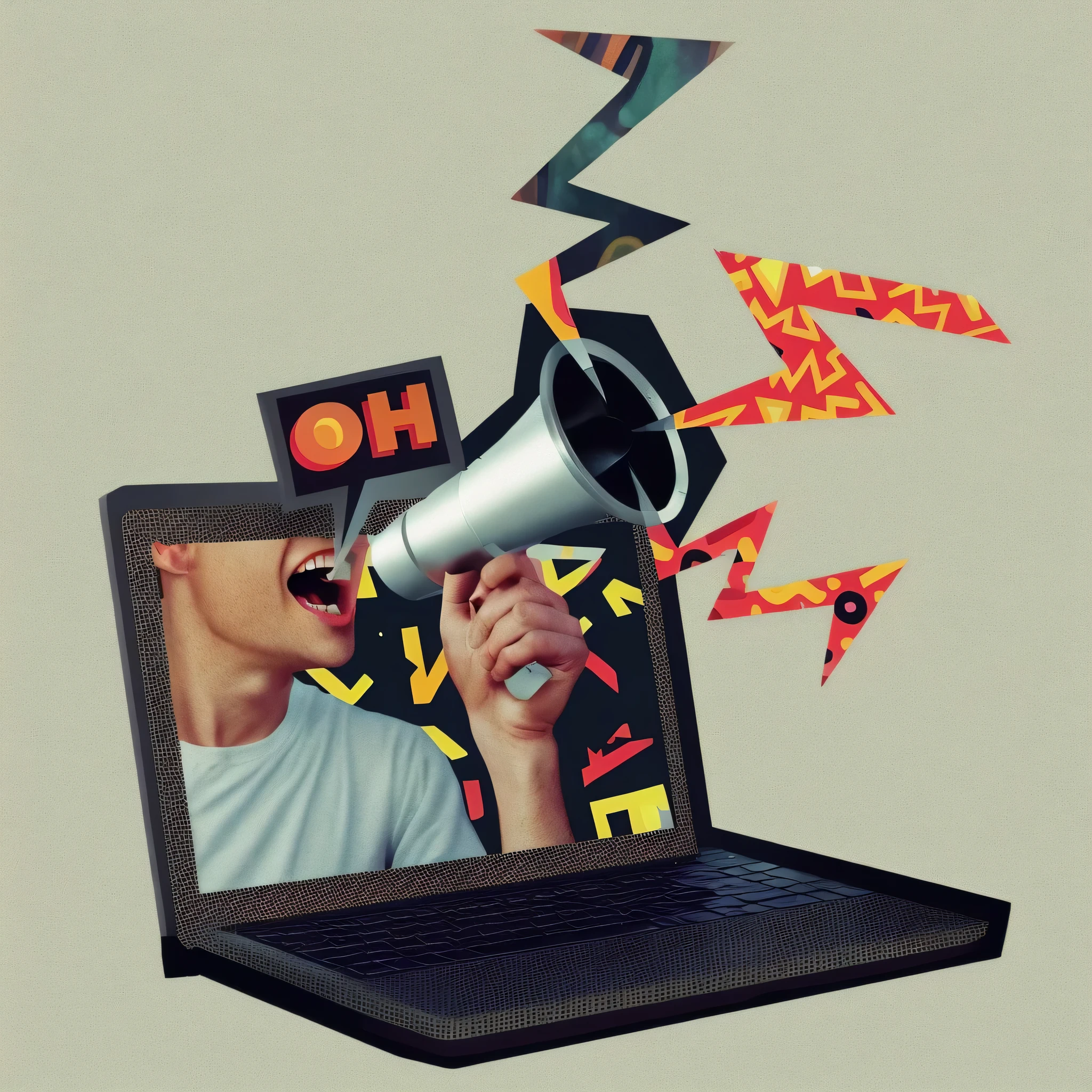 man holding a megaphone and laptop, digital collage, scream, ( collage ), Low resolution, Someone's screaming, digital illustration -, digital illustration, Computer aesthetics, Technological Misery, computer crash, old internet art, Иллюстрация MTV 90-х годов, noisy and glitchy, internet art, Photo by Kurzgesagt