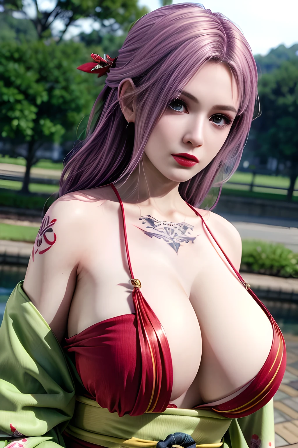 1 girl,standing posture,((looose kimono)), outdoor,elegant,shiny skin,( huge breasts),cleavage, red lips,( tattoos:1.3), masterpiece, best quality, realistic , 8K,Portrait art,solo,  elise,