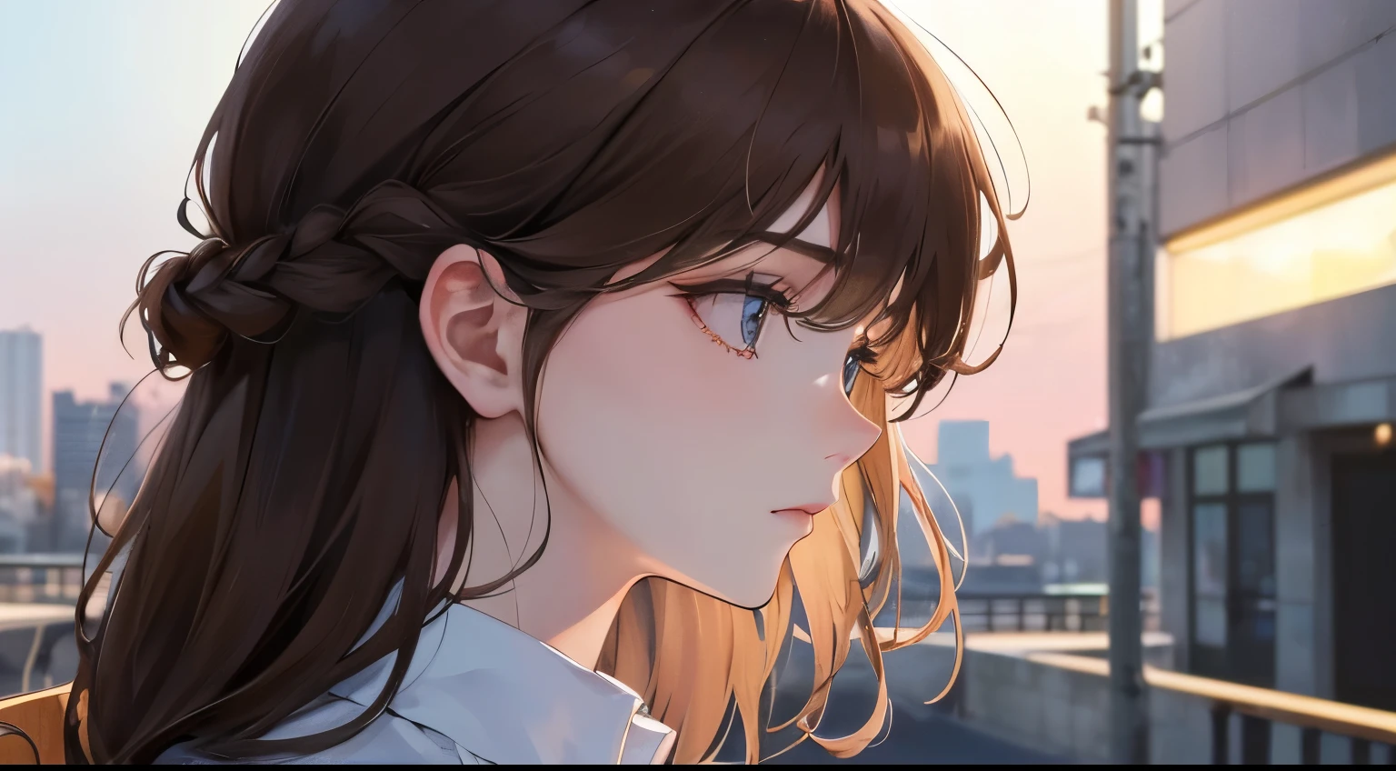 (((one girl)))、((night walk))、Masterpiece,best quality, (((View from the side))), determined expression, ((sad expression))、blue shirt、upper body diagram、Backlight、
(highest resolution、clear_image)、best quality、contrast of light and shadow、((illumination))、very detailed、semi-realistic、braided hairstyle、brown hair、bangs、25 years old、office Lady,,young、((Cool background))、delicate facial features facial features、