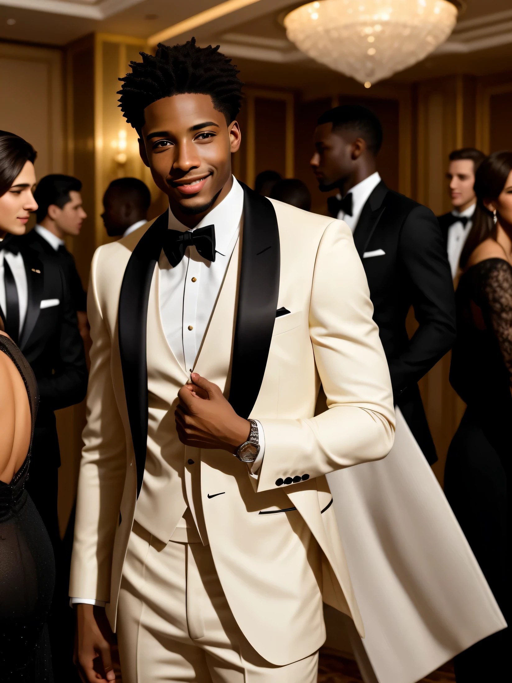 Realistic masterpiece by Marcus Johnson, an elegant young African-American man, surrounded by guests at a charity gala in a luxury hotel. Dressed in a tailored tuxedo that subtly hugs his athletic figure, he stands out in a crowd. The soft light highlights his golden complexion and hazel eyes, while he engages in conversation with charm and ease. His warm smile and attentive listening make him the center of attention, reflecting his ease in social interactions and his appreciation for enriching encounters.