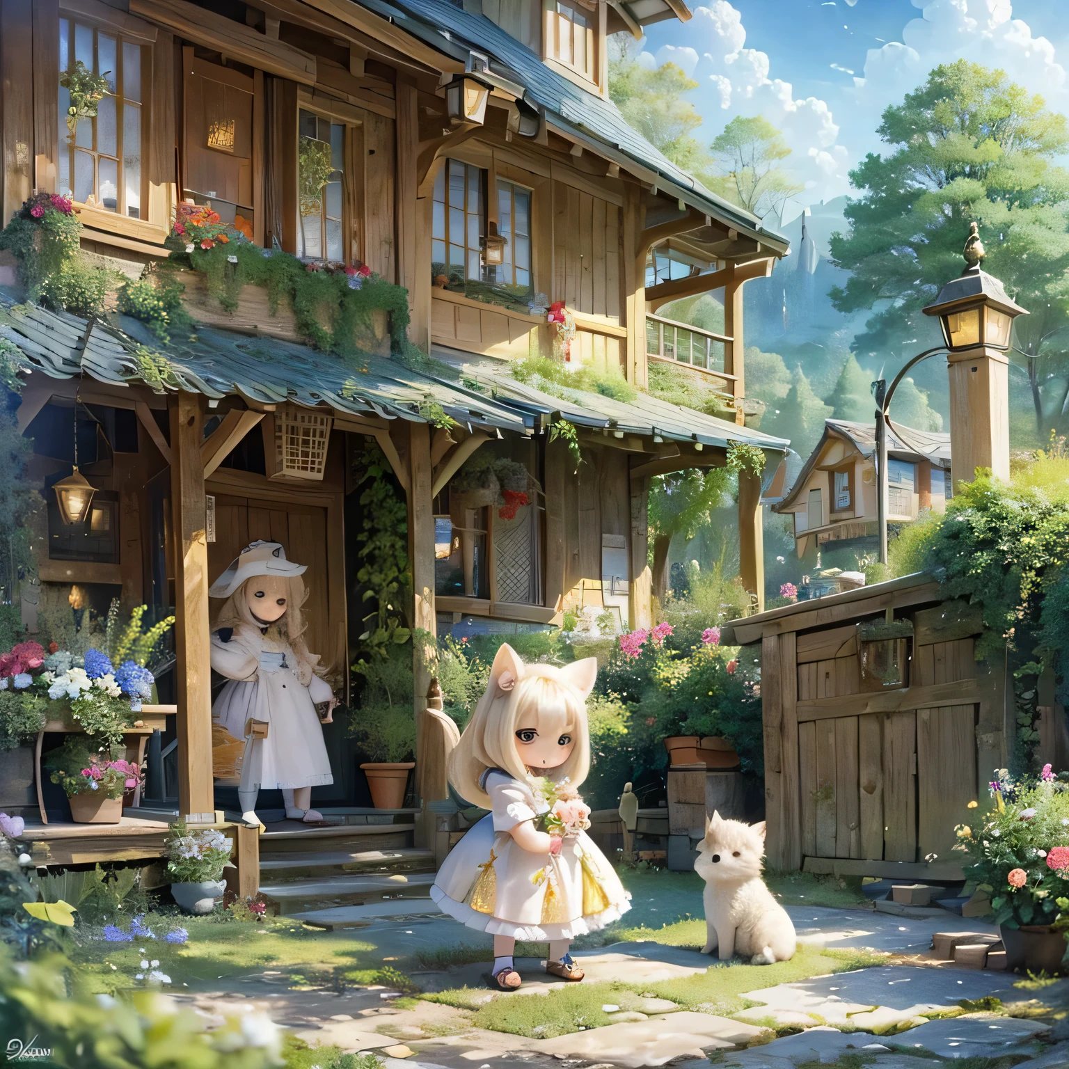 "(best quality:1.2),ultra-detailed,realistic,Ermine girls,chibi run,playful expressions,colorful outfits,dynamic poses,lush green garden,streaks of sunlight,soft pastel palette,warm and inviting lighting"