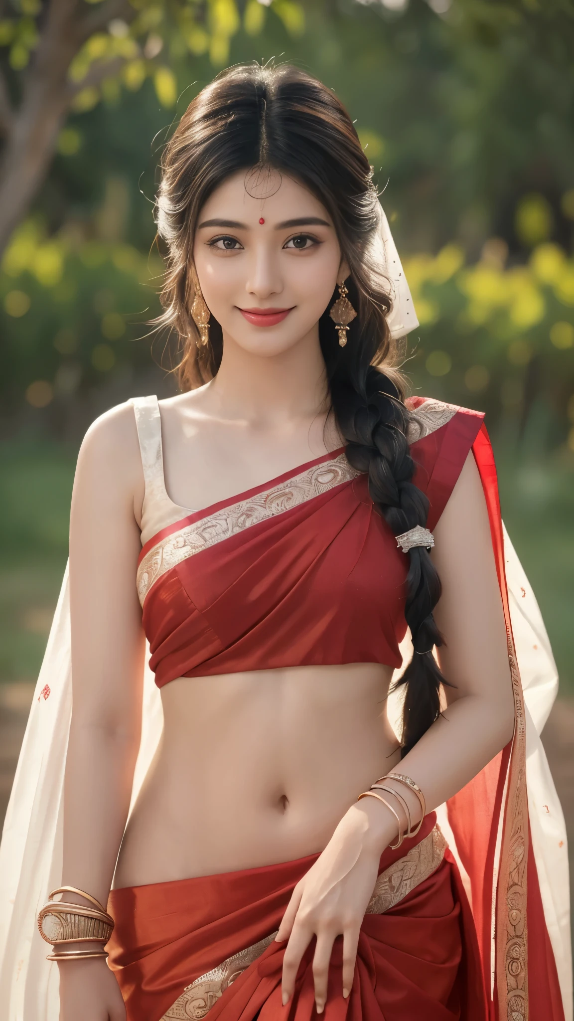 Close up, 24 year old indian woman, Bridal Red silky satin saree, White skin, long dense braided hair, Corn forming Fields landscapes background, ultra realistic, realism, cute, charming, day time, tattooed body, medium height, big eyes, pure Indian style saree, ambient lighting, perfect anatomy, detailed body and face, 8K, Masterpiece, RAW photo, Best quality, Photorealistic, Extremely detailed CG Unity 8K wallpaper, Noval Showing, Most Beautiful smile, ((smile:1.2)), very hot look eyes, Beautiful Smile 