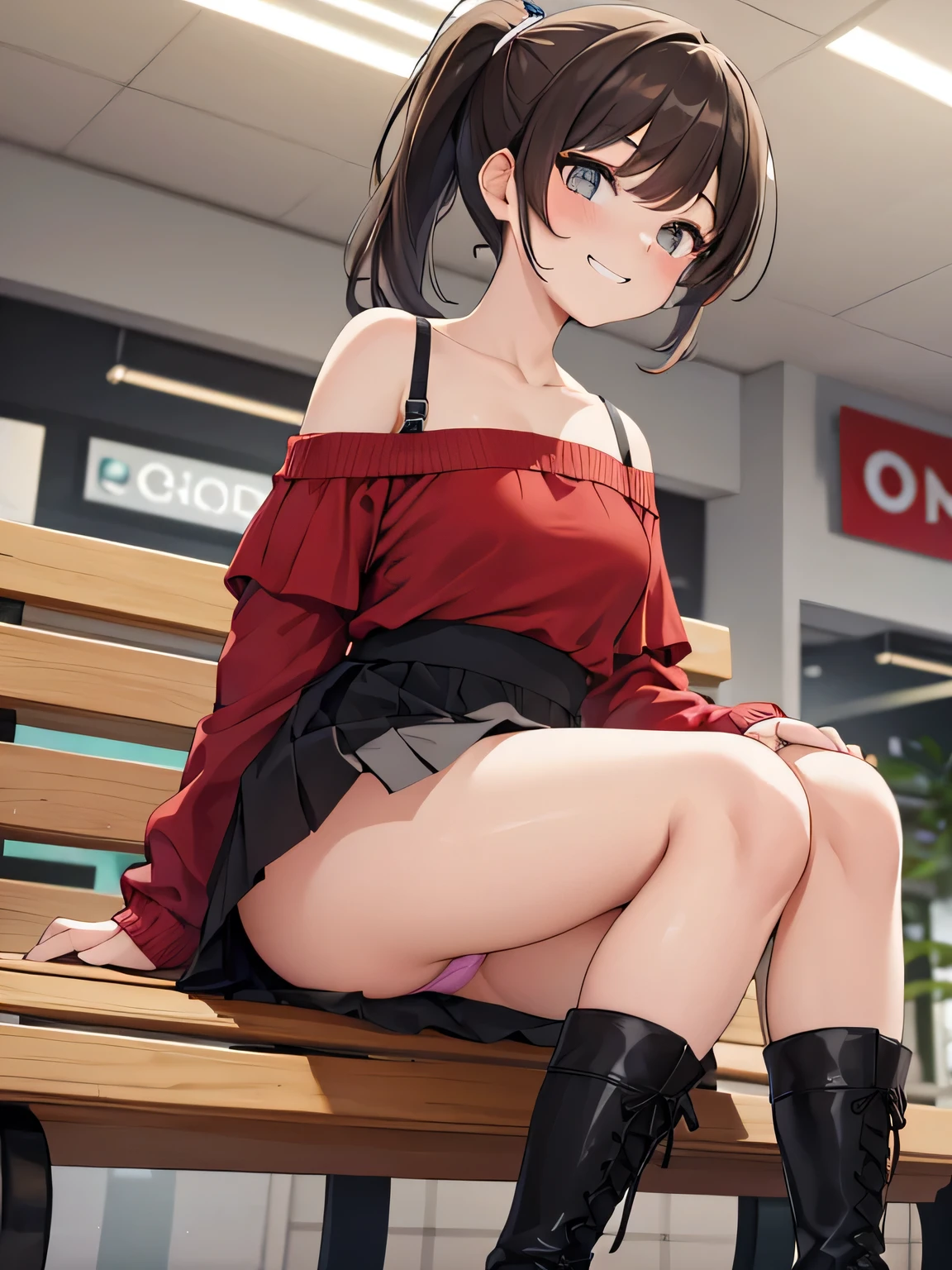 (masterpiece, top quality, high resolution, realistic photos, realistic looking skin:1.1),
(The woman is sitting on a bench in a shopping mall:1.8),
(She is sitting with her legs closed: 1.8),
(Her skirt is so short that you can almost see her panties: 1.8),
(Please use a panty shot of a woman looking straight ahead:1.8),
(Grinning and smiling expression:1.5),
(She is wearing a bright red off-the-shoulder knit:1.8),
(She is wearing a dark gray flared mini skirt:1.8),
(She is wearing black, middle boots:1.8),
(Panties are a loud color pattern:1.2),
(She wears panties tightly: 1.8),
(brown hair in a middle ponytail:1.5),
(small face:1.5),
(D-cup breasts:1.5),
(Location: bench in shopping mall:1.5),
1 Japanese girl, solo, full-bodied esbian, beautiful eyes, sparkling eyes, NSFW