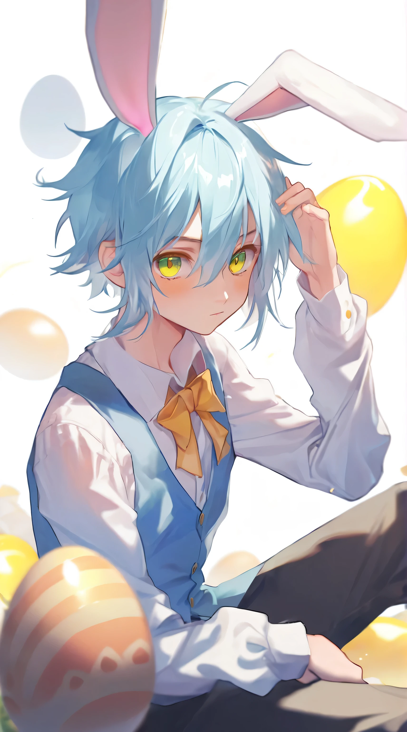 Beautiful young man, light blue hair, rabbit ears, yellow-green eyes, fried eggs with Easter eggs, cute,,high quality, amount of drawing, pixiv illustration