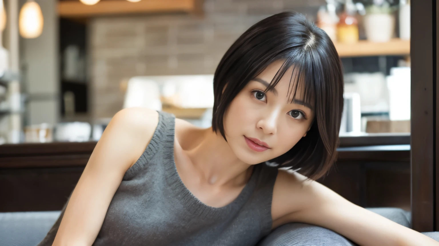 japanese woman, 40 years old, slender body shape, small breasts, very thin waist, beautiful face, beautiful eyes, black short hair, She is wearing a tight, short gray knit dress with an open back design., sitting at a stylish cafe, I look back at you gently, 1 girl, alone, detailed face and eyes, small fingers and arms. full body photo. realistic, realistic.