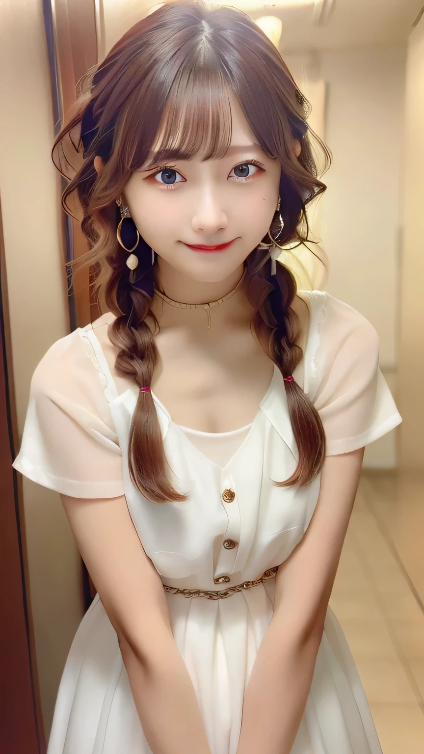 Flamme,1girl,bangs,solo,braided ponytail,single braid,brown hair,orange hair,very long hair,sidelocks,red earrings,hair over one eye,green eyes,blue eyes,collarbone,golden choker,greek clothes,white shirt,medium breasts,short sleeves,white dress,smile