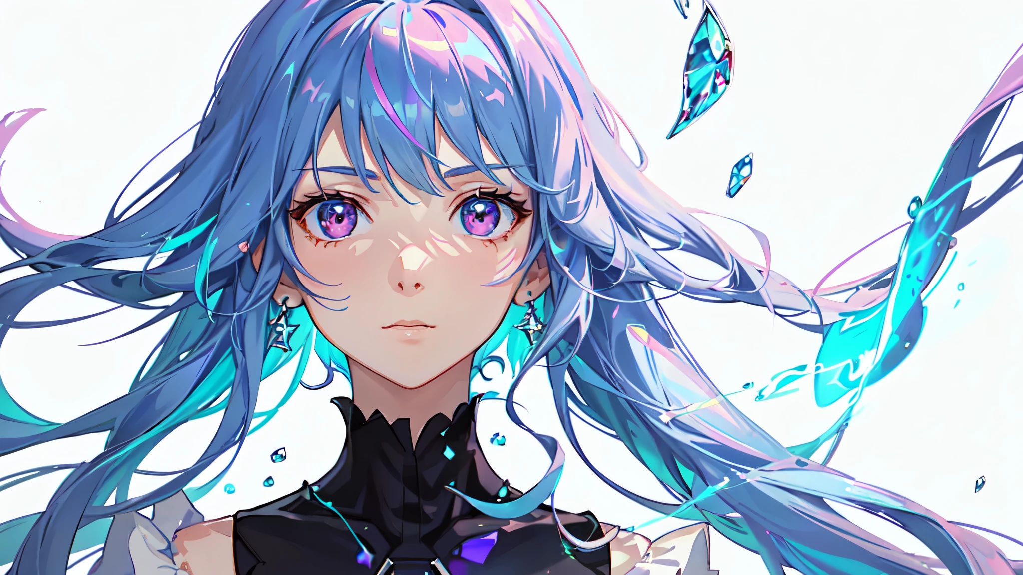 (masterpiece, highest quality, Super detailed, best shadow), (white background), (beautiful detailed face), high contrast, (best writing, very delicate and beautiful), (cinematic light)), bright colors, hyper detail, intricate details , lie (1 girl, alone, front, pink hair, pointed face, short hair, fluorescent long coat (Broken glass), dress, red eyes, hair between eyes), Make the area around the character sparkle, Purple light particles , magic circle, cyberpunk style,floating, (high color saturation), (colorful splash), colorful bubbles, (shine), focus on face, kamisato, light blue hair, bangs, head band, floating flowers, flowing hair. girl, anime waifu, looking at the viewer, very detailed, reflective transparent iridescent, Transparent rainbow RGB long hair