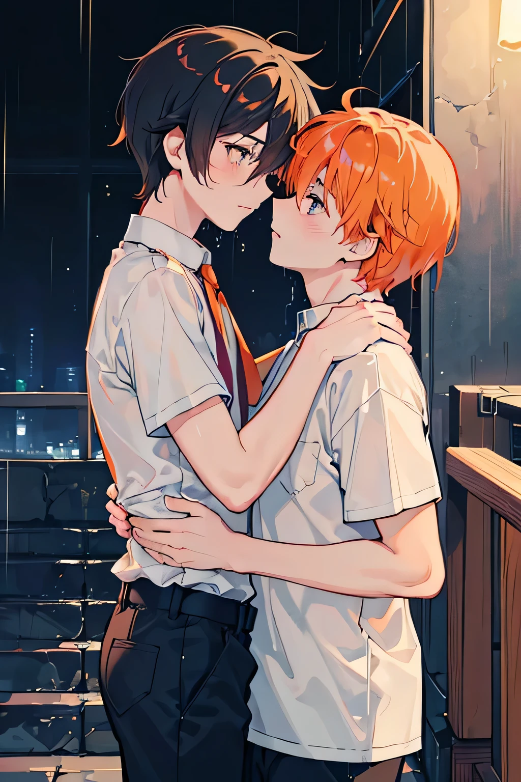 ((best quality)), ((masterpiece)), (detailed), perfect face, 2 boys, gay couple, one boy with dark black hair and dark brown eyes and is tall and handsome, looks fierce and bold, tsundere, very tall, hot and other boy has orange hair and orange eyes and is cute adorable and is bubbly and shorter, short height, , blushing looks like innocent and shy, they are in love, kawaii, kissing, kissing lips, kissing on lips gay couple, bl couple, yaoi, 4k ultra anime quality, anime ARTSTYLE, bl yaoi, hugging, 4k anime art style, cute, bl ARTSTYLE, bl manga