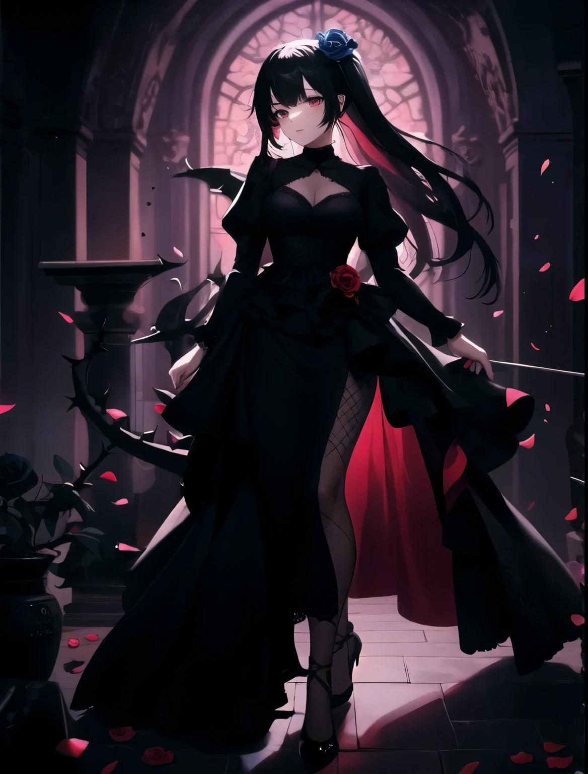 goth,1girl,black dress,black flower,black hair,black rose,blood,blue rose,bouquet,camellia,defloration,dress,fishnets,flower,flower ornament,holding flower,orange flower,petals,pink flower,pink rose,pubic tattoo,purple rose,red eyes,red flower,red nails,red rose,rose,rose petals,rose print,solo,spider lily,squiggle,tattoo,thorns,vase,white rose,yellow rose
red dress, ornate dress, backless dress, puffy sleeves, juliet sleeves, (long sleeves:1.2), red sword.
