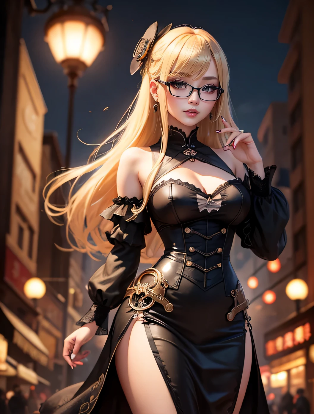 Taiwanese Idol blonde with bangs Glasses smoky makeup black eyeshadow China dress steampunk night city