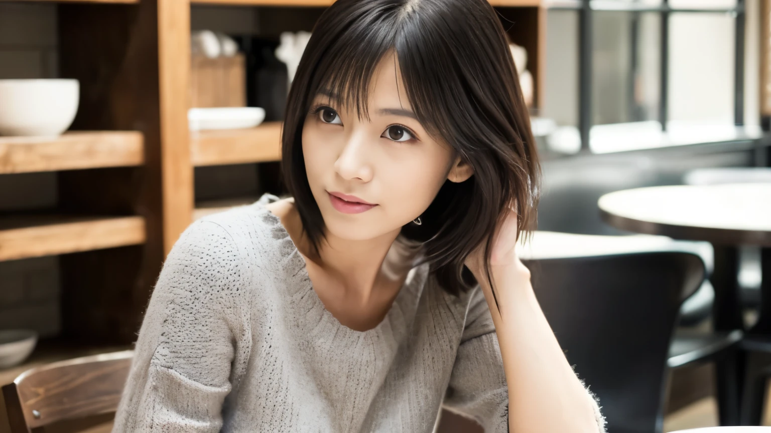japanese woman, 30 years old, slender body shape, small breasts, very thin waist, beautiful face, beautiful eyes, black short hair, She is wearing a tight, short gray knit dress with an open back design., sitting at a stylish cafe, I look back at you gently, 1 girl, alone, detailed face and eyes, small fingers and arms. full body photo. realistic, realistic.