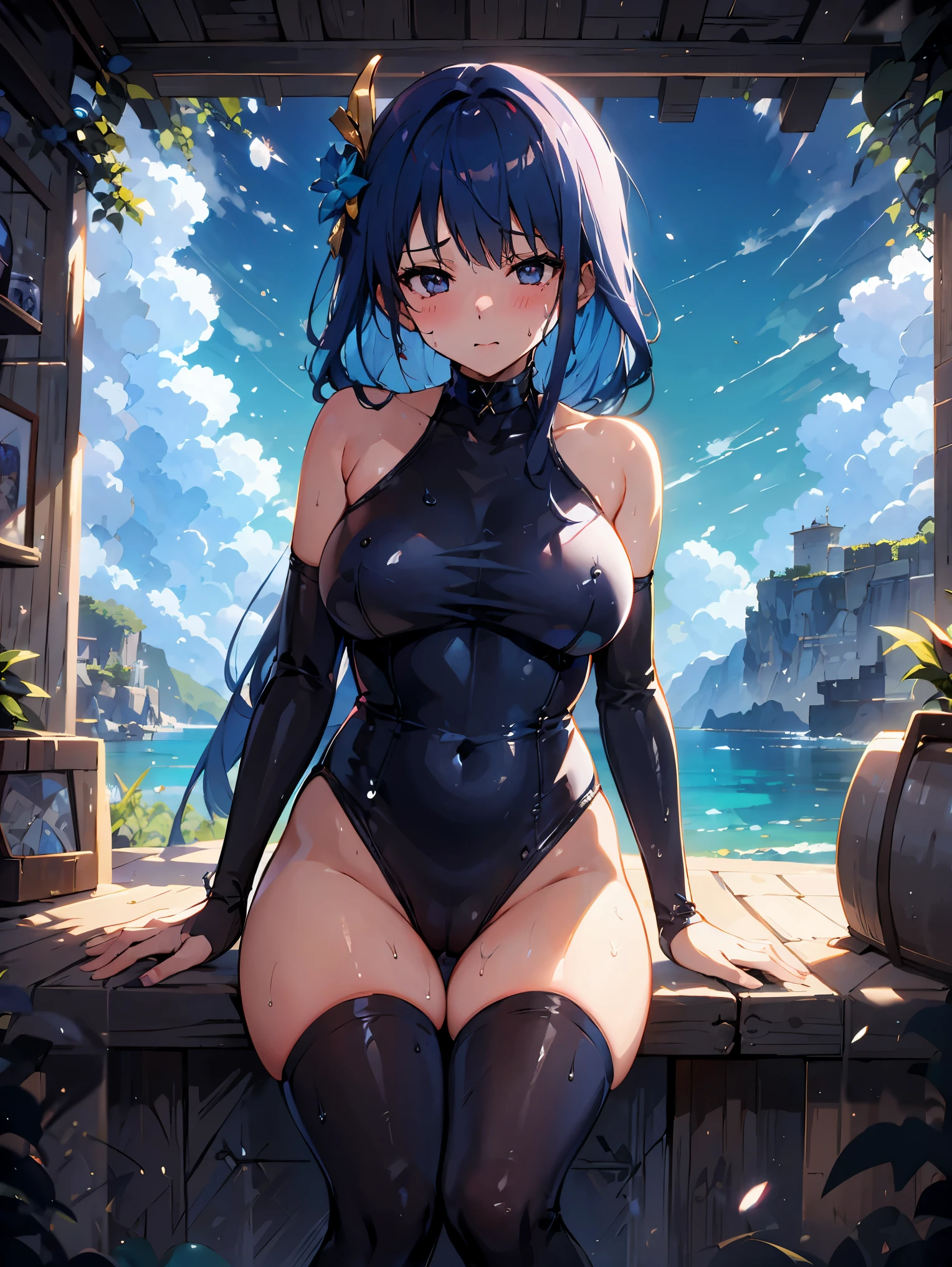 pieces fly, highest quality, anime images, anime style etc.., hired \(genshin impact\),cheeks are bright red,超embarrassing, dislike,Face of patience,1 girl,ticker,fit figure, I can see the pussy , blush, colorful pastel fantasy,sexy pose,super detailed background,quality scenery,embarrassing,blushing face,sweaty,(((25 years old))),blue hair,black full body tights,blue costume,bell collar,detached blue sleeves,white and blue costume,red string around waist,Swimsuit,wet suit