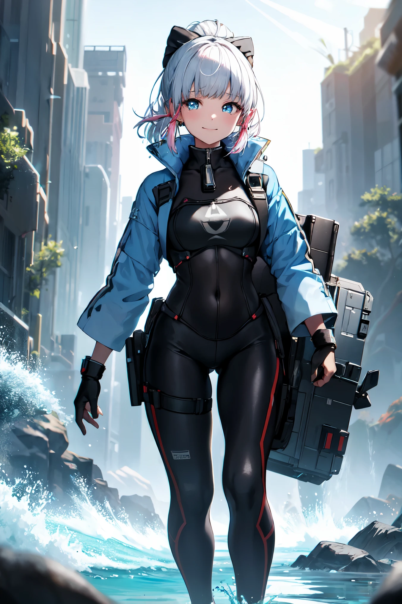(((master piece))), 4K resolution, very detailed, ((very fine eyes))), Detailed background, cinematic lighting, crystal shining eyes, expensive、expensive品質, High resolution, hyper detail, 8K, best quality, 1 girl, solo, shadowing, The light from the back window is backlit., particles of light, thick lashes,Tears mole ,wide sleeve, thickタイトな, (master piece:1.3), (best quality:1.2), (super detailed illustrations:1.2), (master piece), high quality, expensive詳細, (solo:1.4),(circular image)), full body esbian, 1 girl, Camiast was invited, smile, face turns red, please shut your mouth, cryogenic motion, black gloves, thick, one hand stretched out in front, Put one hand on your hip, put your hand on your chest,wet suit,Ocean