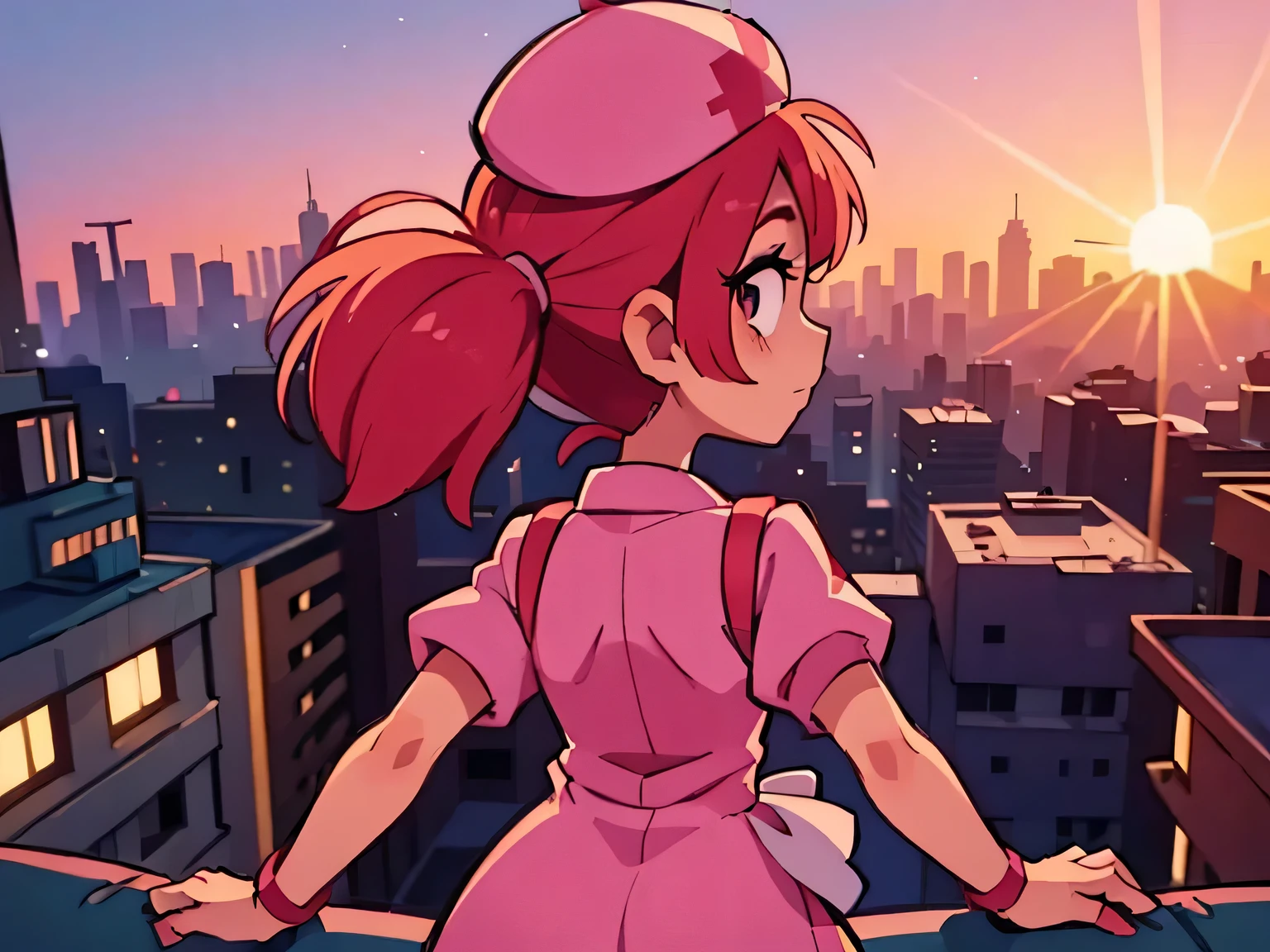 Pokemon Nurse Joy in her nurse dress uniform and nurse hat, girly bright pink hair rings, looking at setting sun, viewer only able to see the back of her head, the place is dark, an evening city skyline, her face not seen