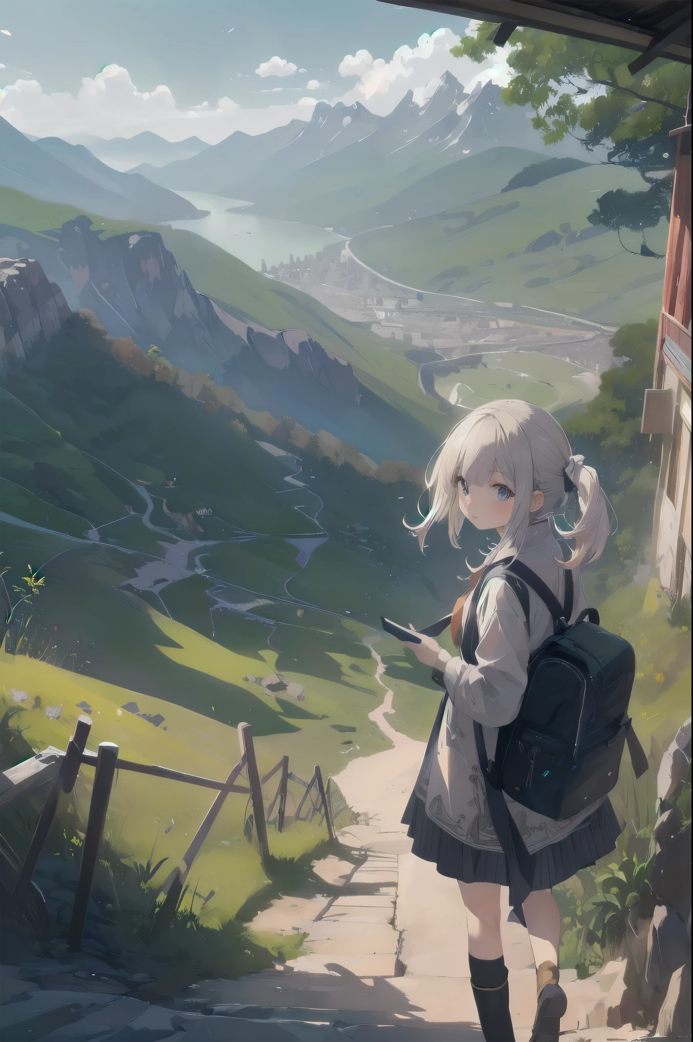 Super detailed、highest quality、 (A classic masterpiece:1.2) 、 (cute illustration:1.2) 、 (highest quality) 、 (detailed skin:1.3) 、 (intricate details) 、ray tracing、dramatic、pretty girl、Intrepid travelers navigate winding mountain roadarveled at the breathtaking views of the valley below。