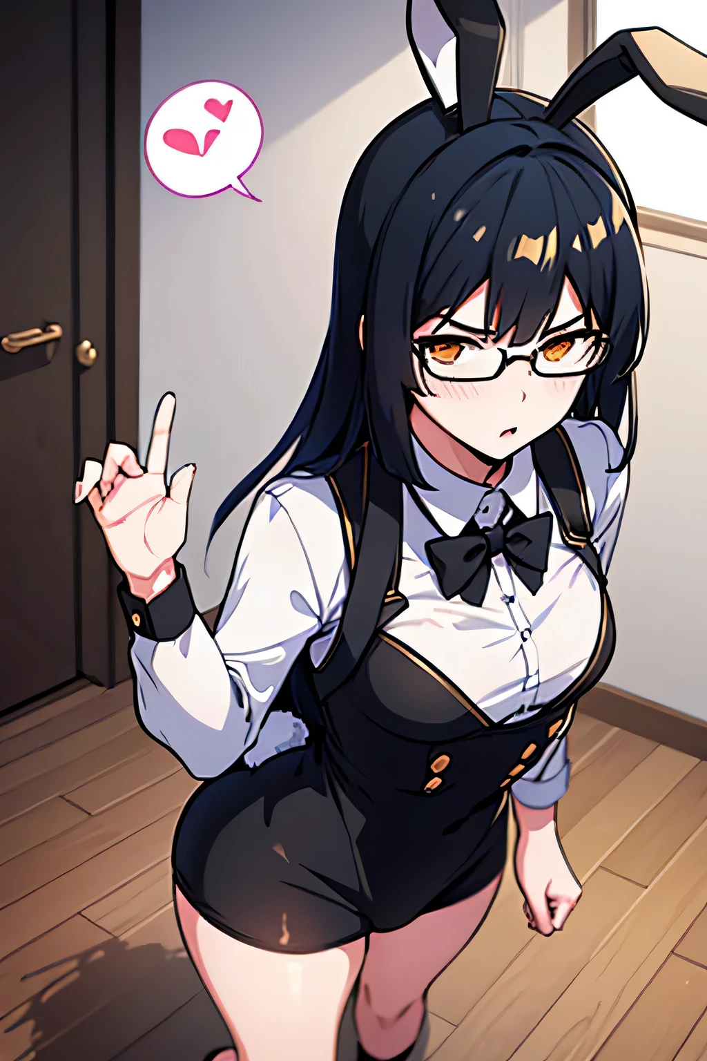 pure pure, female, chibi version, black hair, bunny costume, lewd, rides on rabbit  , cute, wears rounded glasses,full body, dynamic pose, dynamic camera, backround as plain white color, 