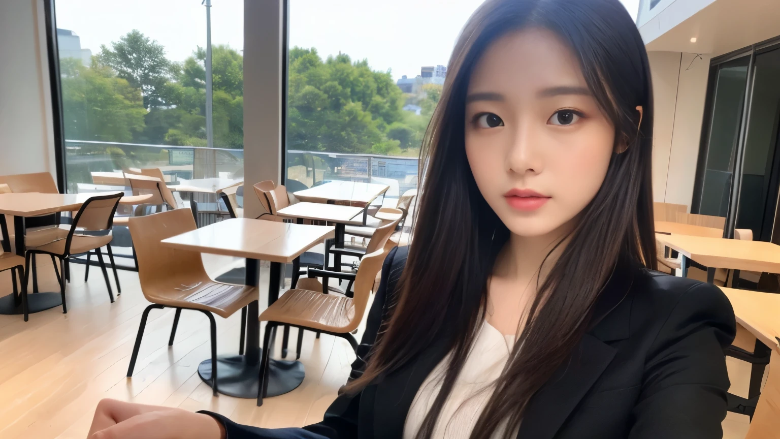 ((highest quality、8K、masterpiece:1.3))、sharp focus:1.2、Beautiful Japanese idol with perfect body:1.4、(open cafe:1.2)、Terrace seats、Highly detailed face and skin texture、 detailed eye、double eyelid、black suit,