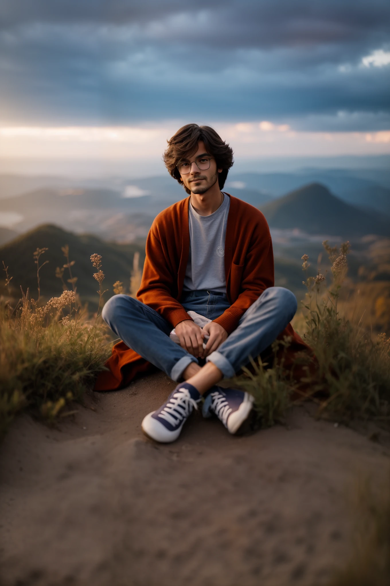 there is a man sitting on a hill with his feet crossed, high quality portrait, sitting on the ground, sitting cutely on a mountain, matte painting portrait shot, 8k artistic portrait photography, portrait shot, mid shot portrait, color photograph portrait 4k, casual photography, full body portrait shot, soft portrait shot 8 k, portrait shot 8 k, color portrait