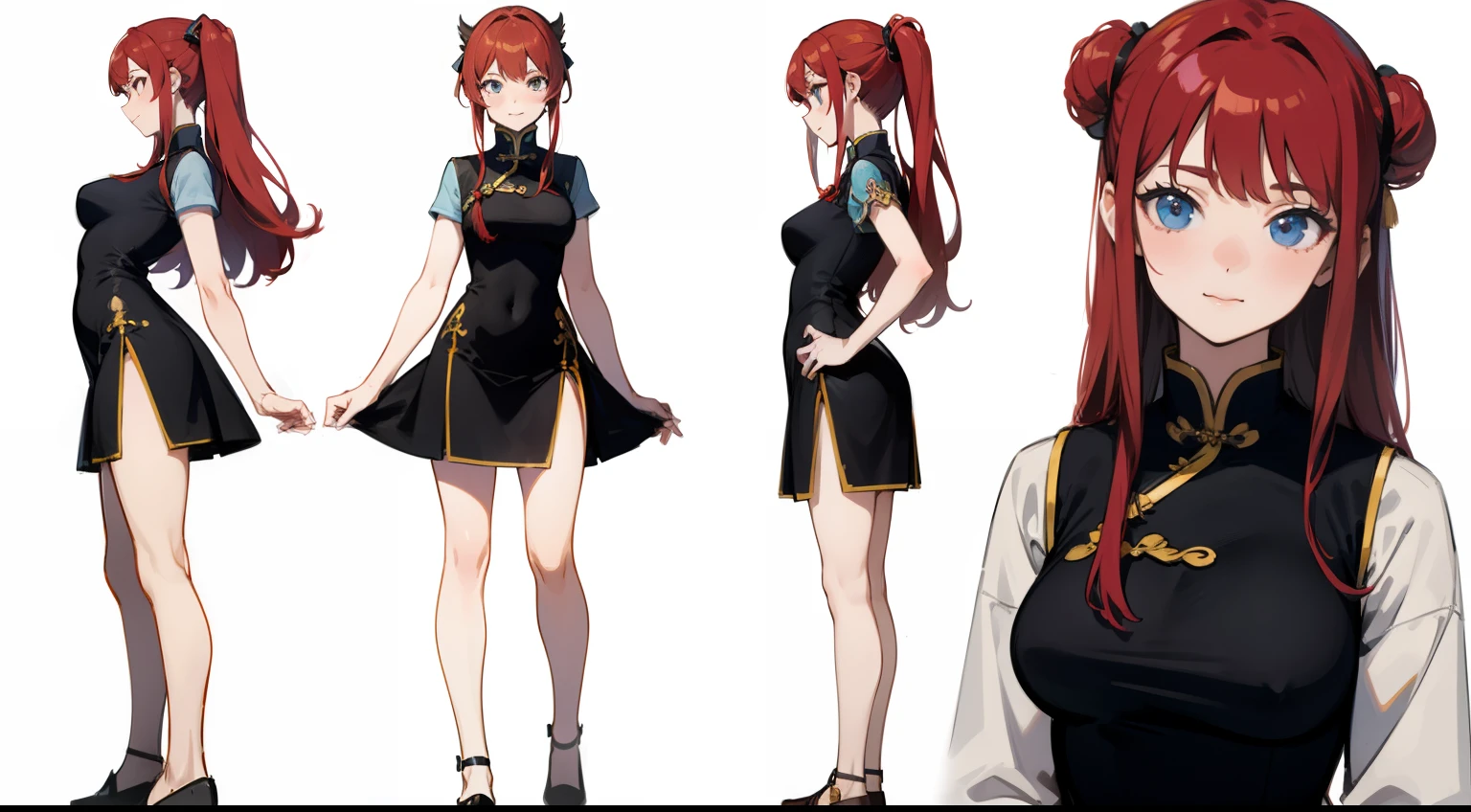 ((highest quality)), ((masterpiece)), ((realistic)) 19 years old, redhead girl, shoulder length hair, relaxed and happy face ((thin)) (Big breasts), ((( China dress))) (((mini skirt))) ((sexy dress)) Odango hairstyle, stand up and take off the heels of your shoes (((detailed character sheet, Front view, Side view, 3/4 view))) (((white background))) 6 and a half whole bodies