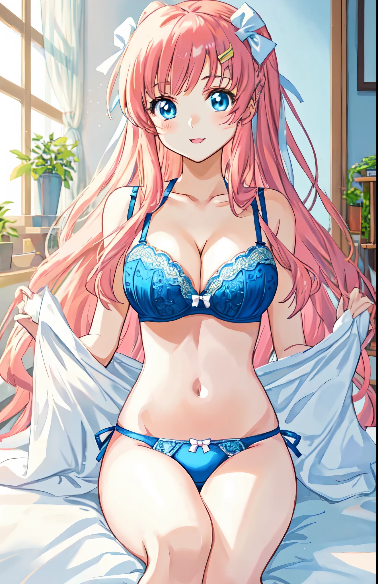 anime girl in a blue bra with a white bow and blue panty、long pink hair girl、blue eyed girl、seductive anime girl、clothing:red bra、red panties、anime moe art style、big breasts、girl with very big breasts、(anime girl)、attractive anime girl、naughty anime style、Beautiful charming anime teen、Smooth anime CG art、indoor、cleavage、bra with an blue、panty with an blue、whole body、a girl is standing、digital anime art!!、female focus、perfect body、pretty anime girl、full body、anime best girl、solo、underwear only、Bra and panties only、8k!!、High resolution!!、