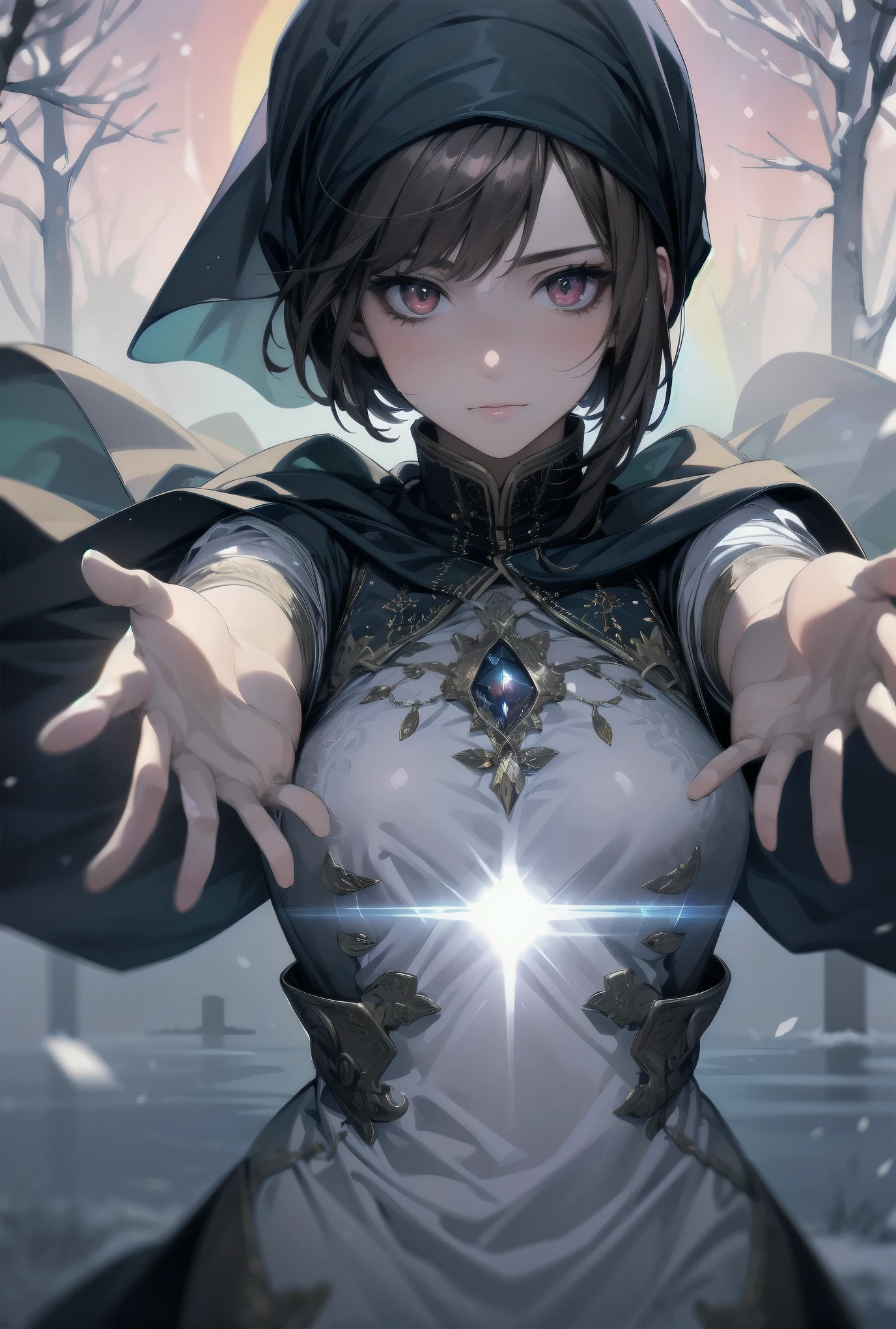 (Female): alone, (perfect face), (detailed costume), (12 years old), traveller, (very pretty), curious, observing expression, (outstretched arms), brown hair, bob cut, side ponytail, red eyes, light skin, medium bust, (Arabic dress), (headscarf), (veil) ( Background): front view, tundra, frozen plain, snow covered trees, frozen lake, aurora borealis, night, transparent (Effects): (Masterpiece), (Top quality), (Sharp focus), (Depth of field), (High resolution), artistic realistic illustration, fantasy effects, steam, seven-colour fluorescent luminous particles group