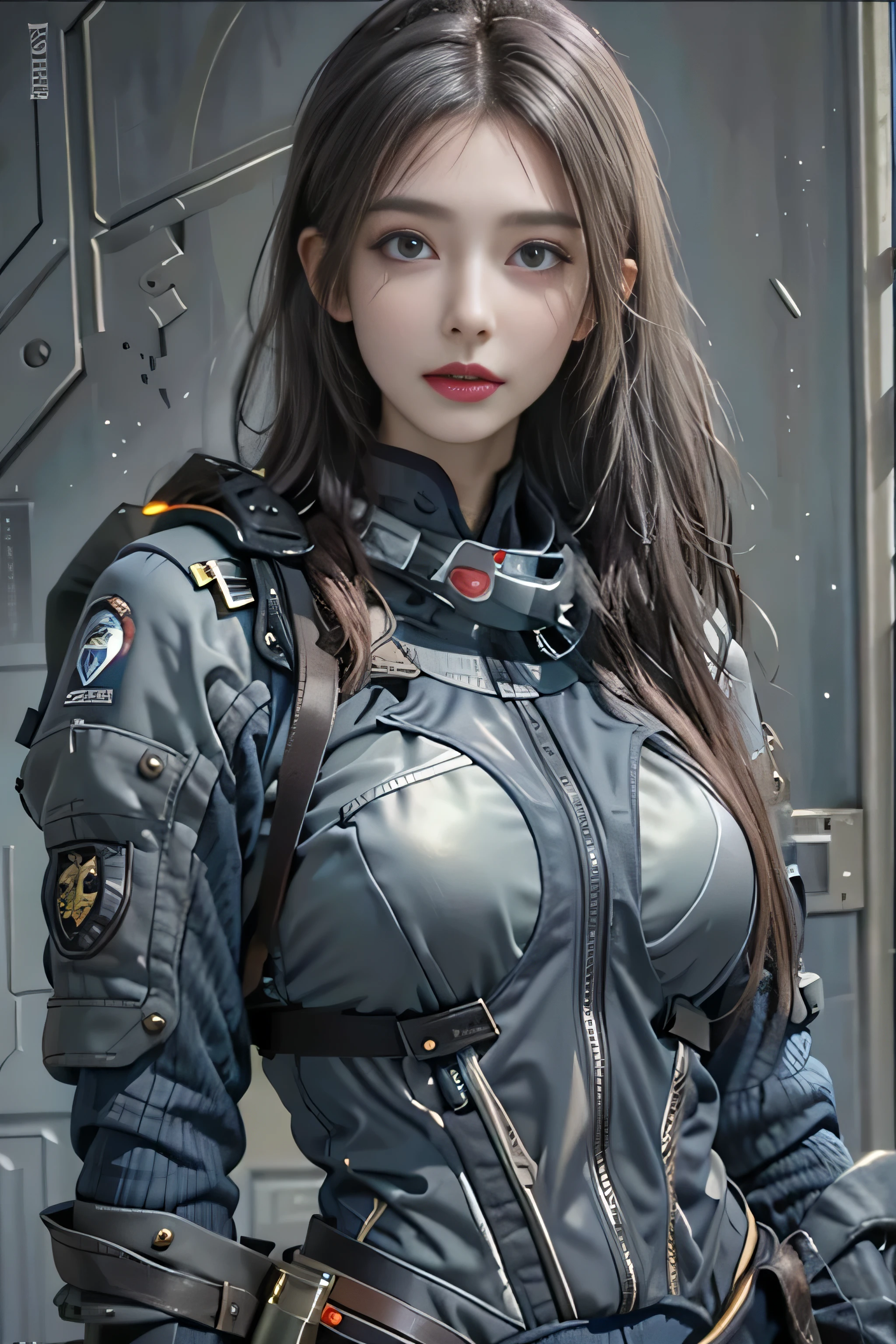 realistic, High resolution, 1 female, , alone, sexy, hip up, beautiful blue eyes, (detailed face), tight gray military bodysuit, gun, jewelry, portrait,