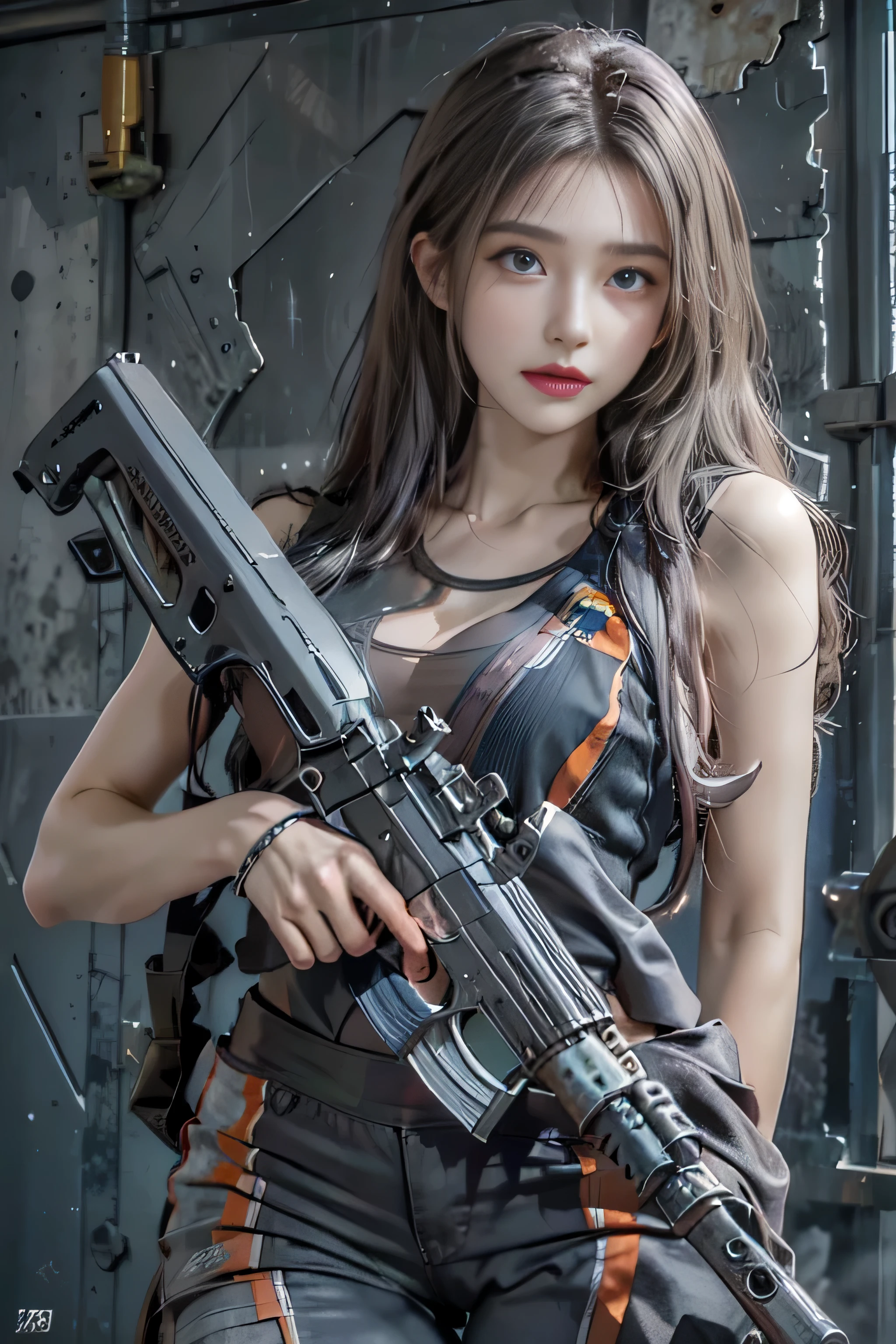 realistic, High resolution, 1 female, 16 years old, alone, sexy, hip up, beautiful blue eyes, (detailed face), Tight light gray color military bodysuit, Assault rifle, jewelry, portrait,