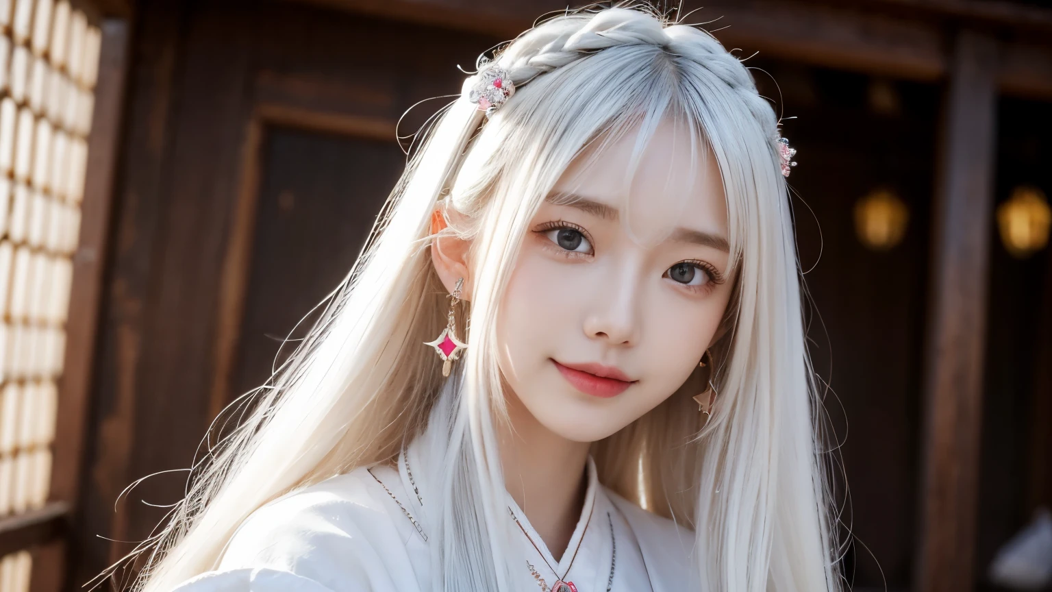 masterpiece，ultra high resolution，8K resolution，depth of field，is a perfect face，girl，the only person，Smile，long white hair，colored hair，bracelet，collar，earrings，necklace，hanfu，Facing the audience，sit astride，Full support for your armoon，temple，new year，rim light，Colorful stars