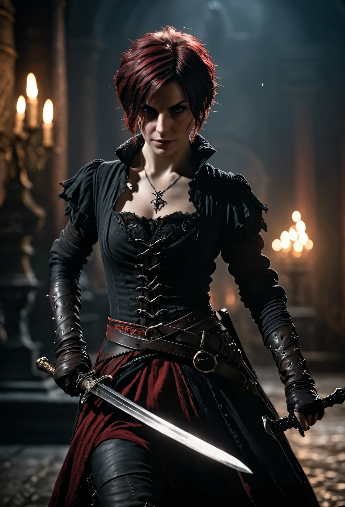 photo shot on Nikon D850, Bloodborne ~ Dark Souls 3 ~ Elden Ring ~ ultra detailed gorgeous woman with short black-red colored hair, extremely sexy,  dancing with a sword, in a world of black and red, dark gloomy  antique  atmosphere,  cinematic, blushing, teasing, Alluring. highly stylized. depth of field, bokeh effect, backlit, stylish, elegant, breathtaking, visually rich, masterpiece, full body shot.