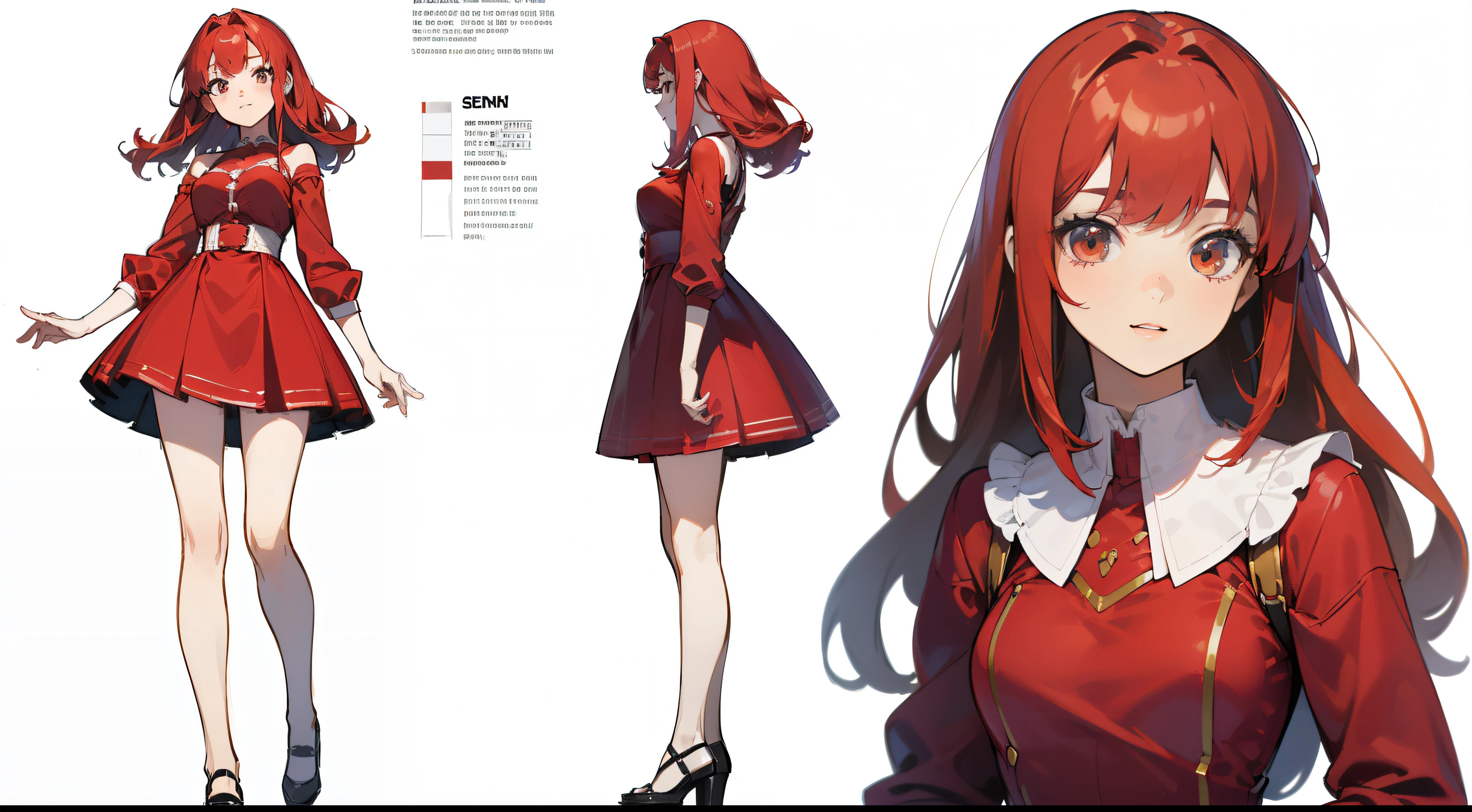((highest quality)), ((masterpiece)), ((realistic)) 19 years old, redhead girl, shoulder length hair, relaxed and happy face ((thin)) (Big breasts), ((( red dress))) (((mini skirt))) ((sexy dress)) Odango hairstyle, stand up and take off the heels of your shoes (((detailed character sheet, Front view, Side view, 3/4 view))) (((white background))) 6 and a half whole bodies