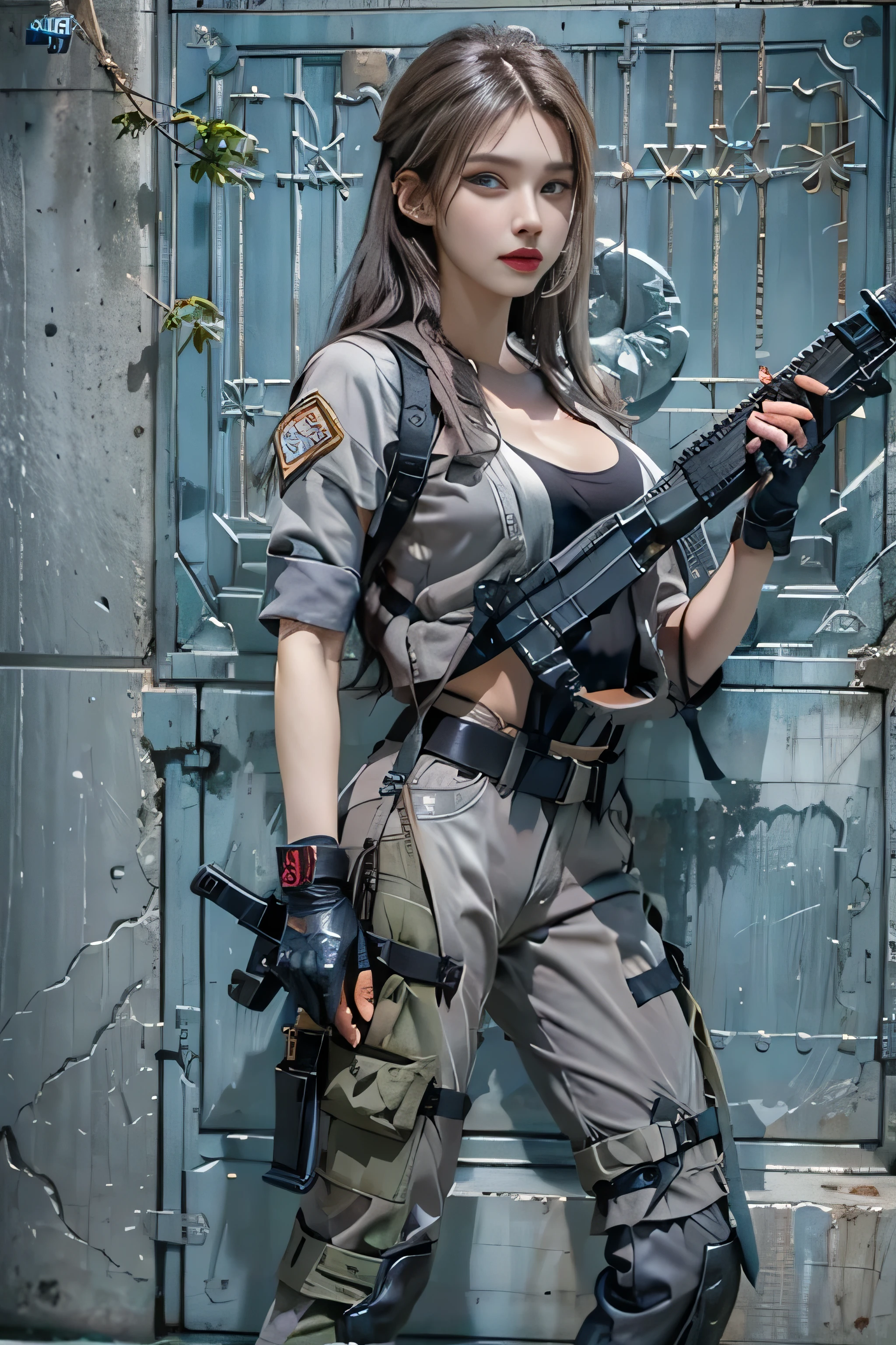 realistic, High resolution, 1 female, 16 years old, alone, sexy, hip up, beautiful blue eyes, (detailed face), Tight light gray color military bodysuit, Assault rifle, jewelry, portrait,