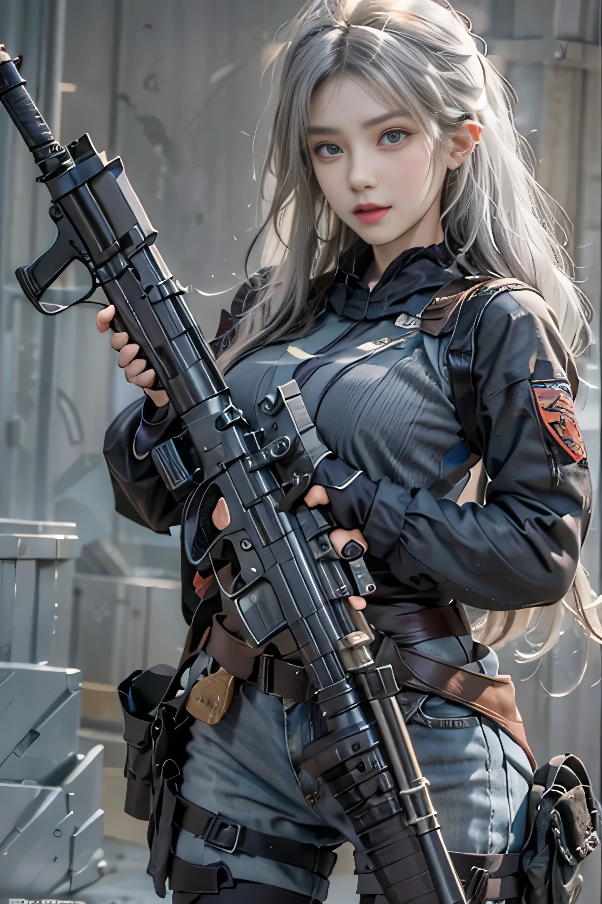 Photorealistic, high resolution, 1womanl, Solo, Hips up, view the viewer, (Detailed face), White hair, Long hair, army suit,Superskirt ,Armed with a gun,Fighting posture,girl soldier,jewelry