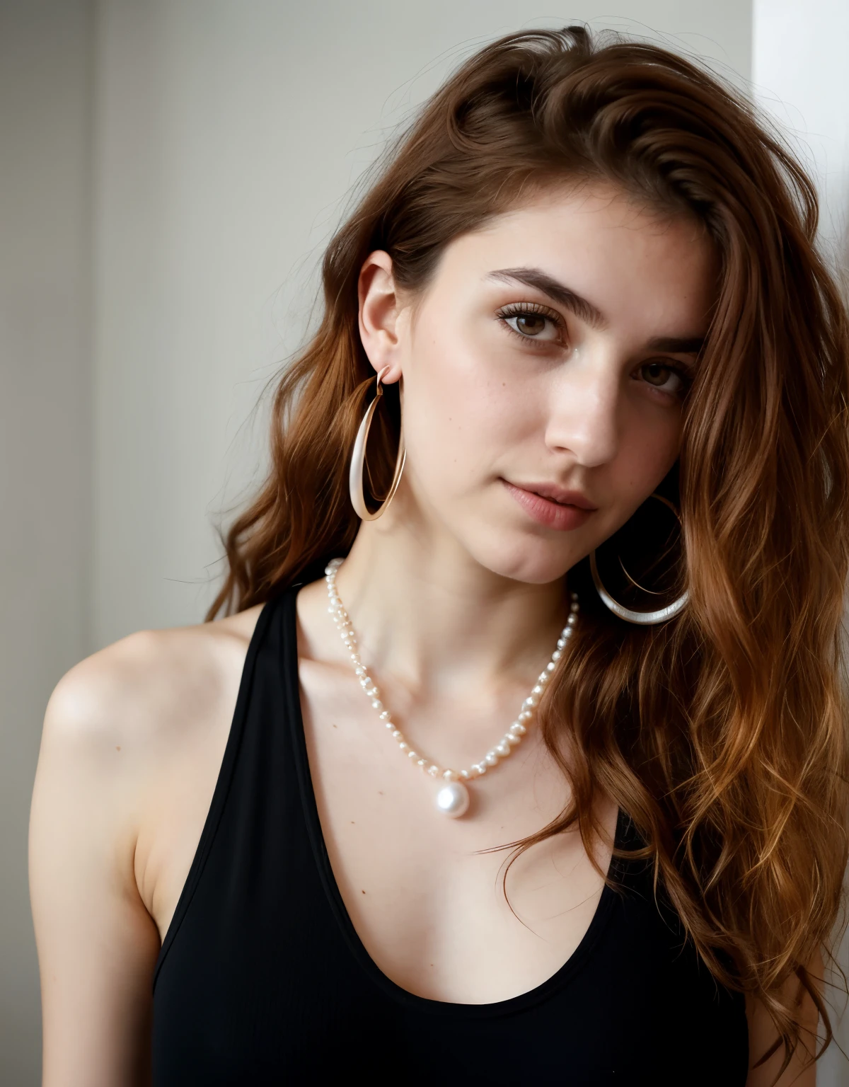 full-length shot of a 19-year-old Irishwoman, in black metallic dress, turning sideways, ginger matted hair tied back, wearing pearl necklace, nose stud jewelry, wearing hoop earrings, ultra sharp focus (high detailed skin:1.2), 8k uhd, dslr, high quality, film grain, Fujifilm XT38k, {{1girl}}