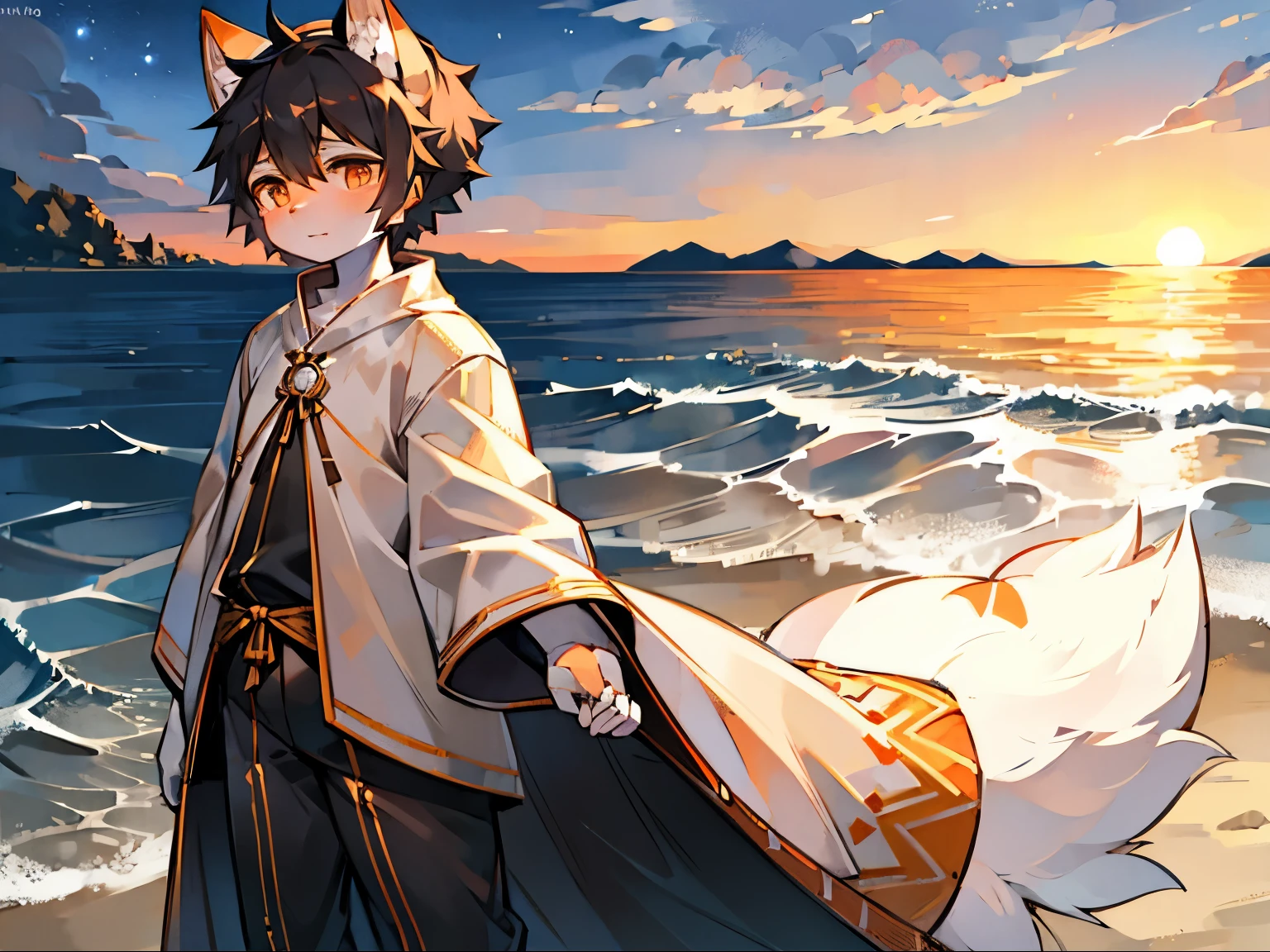 A black-haired wolf，Orange pupils，white robe，orange decoration，seaside，beach，sea，vast sky，flowing robe，Lovely shota，white skin，站在beach上，sunset，Dusky sky，面对sea，short hair，Fluffy black tail，Orange texture，headgear，knight，orange color shirt