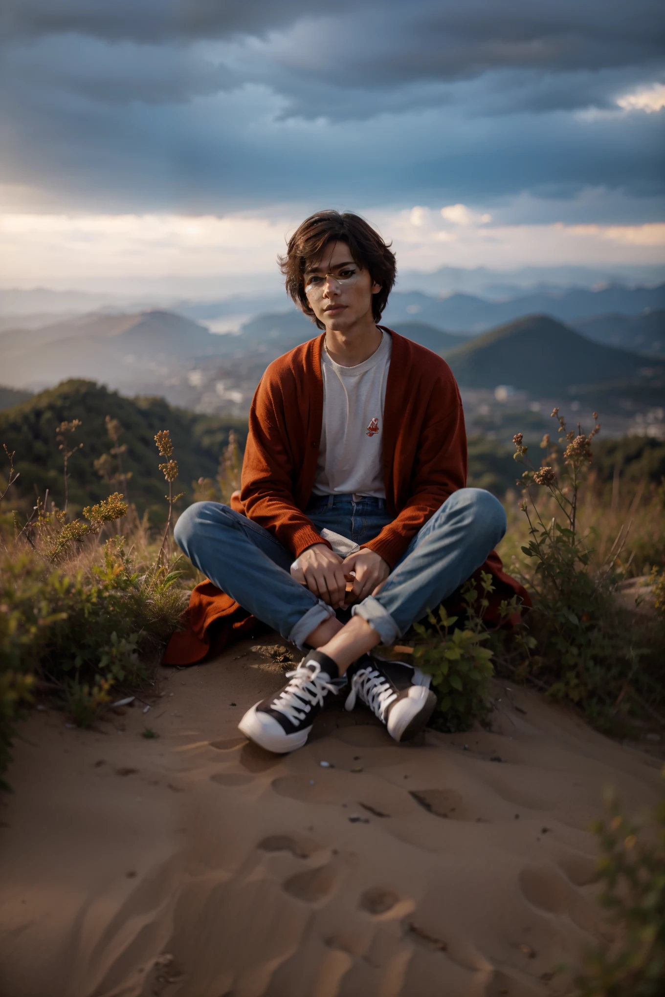 there is a man sitting on a hill with his feet crossed, high quality portrait, sitting on the ground, sitting cutely on a mountain, matte painting portrait shot, 8k artistic portrait photography, portrait shot, mid shot portrait, color photograph portrait 4k, casual photography, full body portrait shot, soft portrait shot 8 k, portrait shot 8 k, color portrait