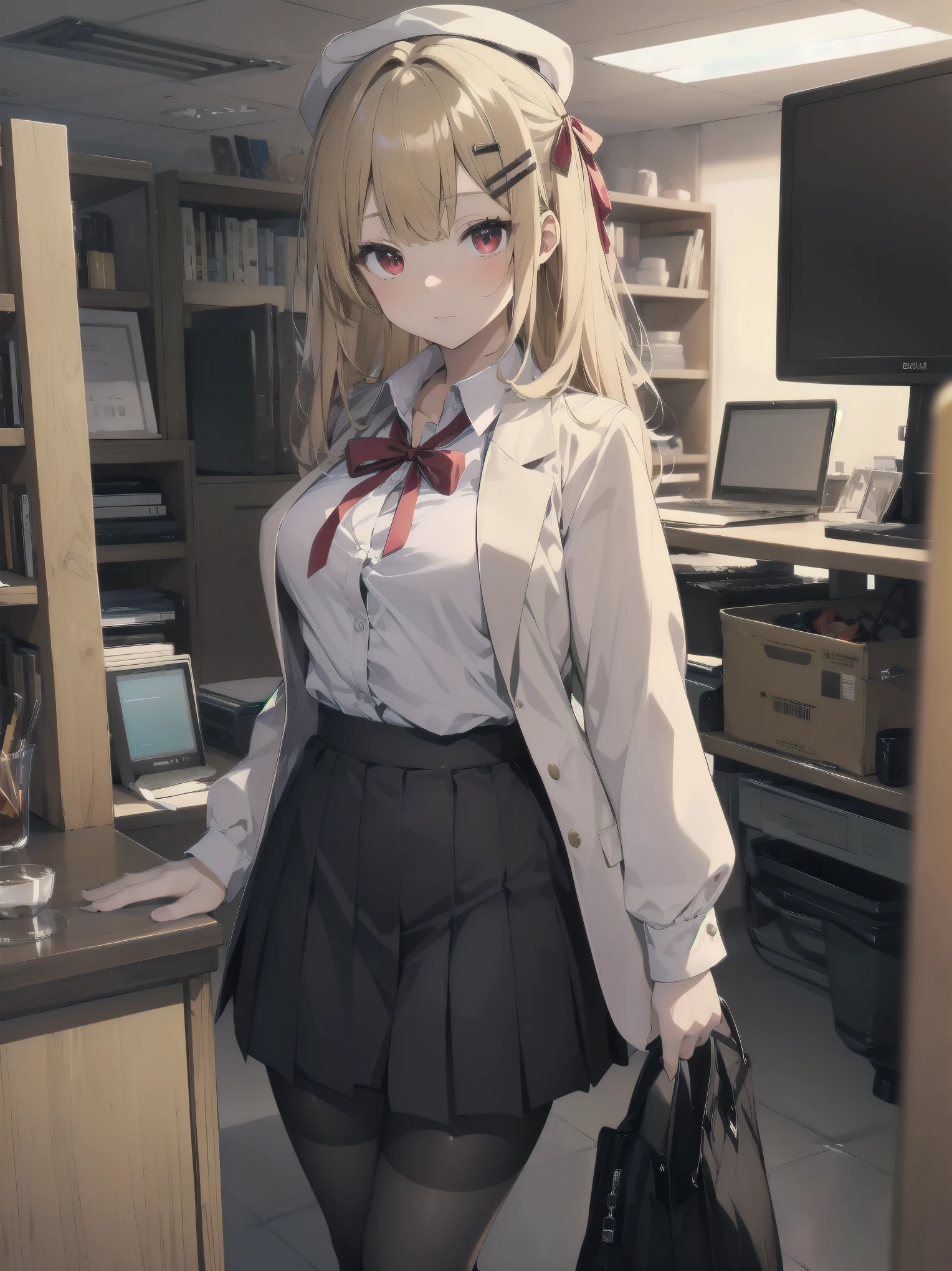 (Masterpiece: 1. 2), (Top quality: 1. 2), Anime girl, One, Blonde hair, Hair clip on right side of forelock, Black cap, Wine red eyes, White female shirt, Brand grey blazer, Small red ribbon across chest, Office clothes, One size larger shirt, Checked priss skirt, Black tights, tights with fine detail, full body, large breasts, front view, alone, bruised and super cute