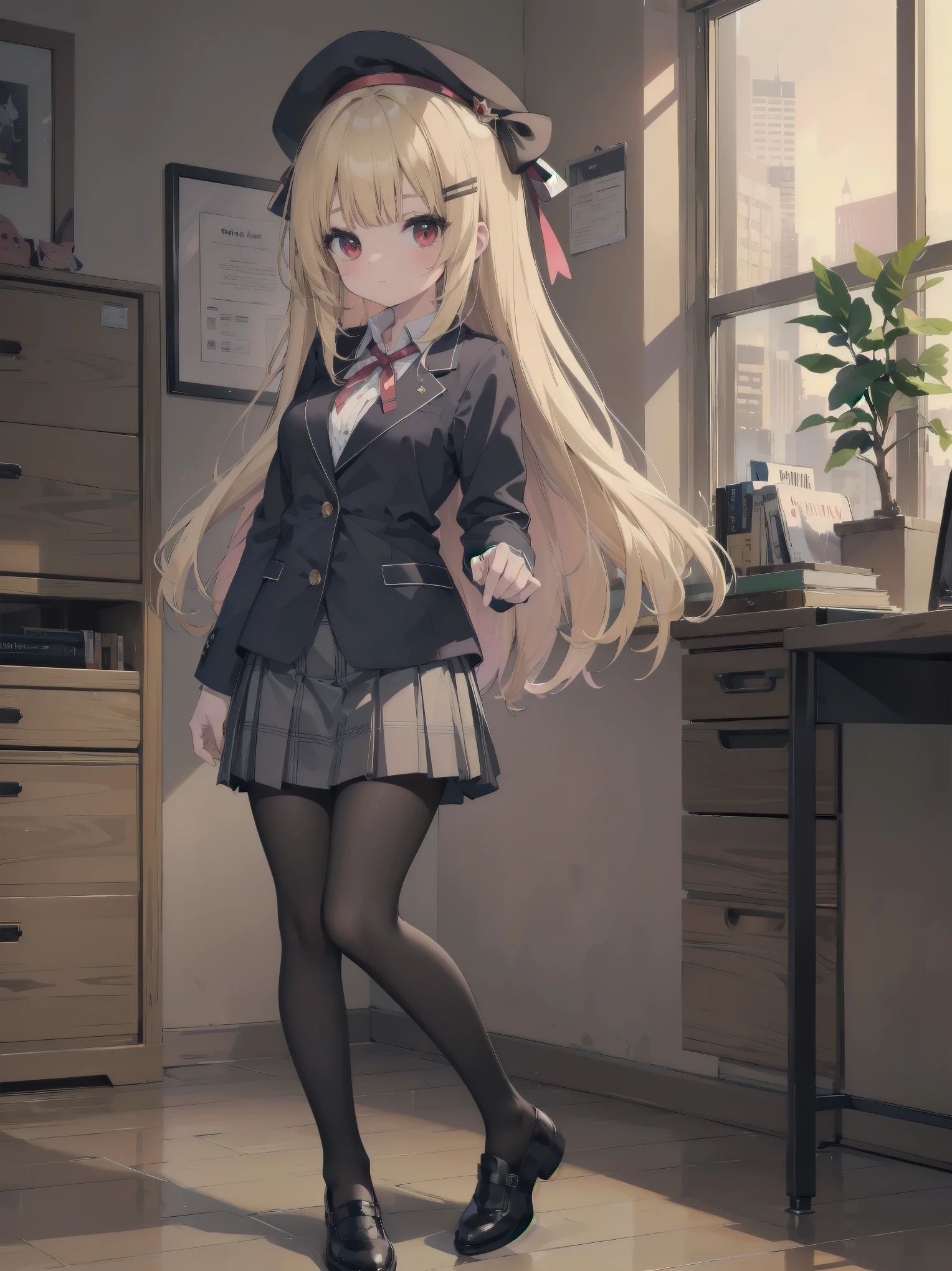 (Masterpiece: 1. 2), (Top quality: 1. 2), Anime girl, One, Blonde hair, Hair clip on right side of forelock, Black cap, Wine red eyes, White female shirt, Brand grey blazer, Small red ribbon across chest, Office clothes, One size larger shirt, Checked priss skirt, Black tights, tights with fine detail, full body, large breasts, front view, alone, bruised and super cute