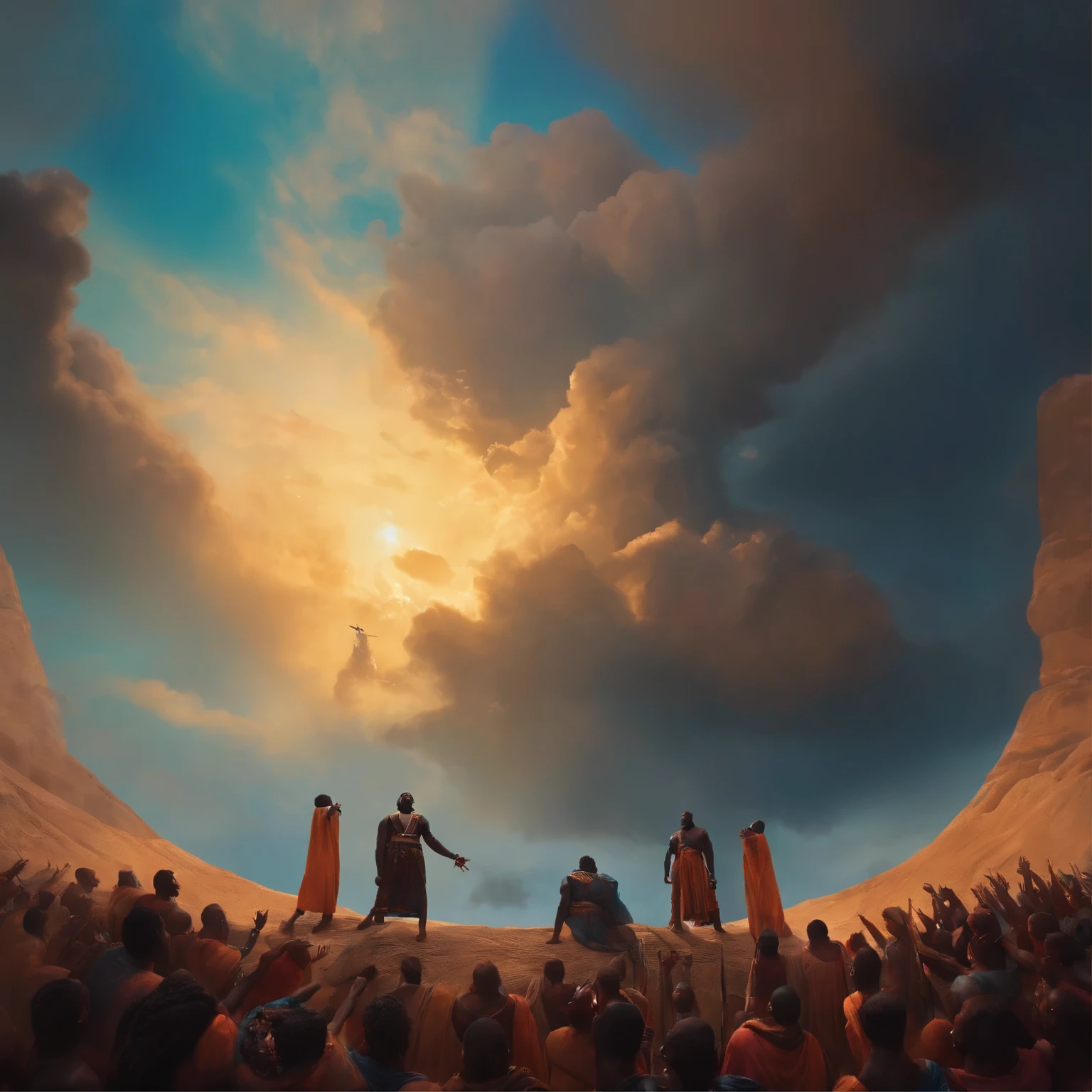 Two black Gods defending from the sky with people on the ground looking up at them