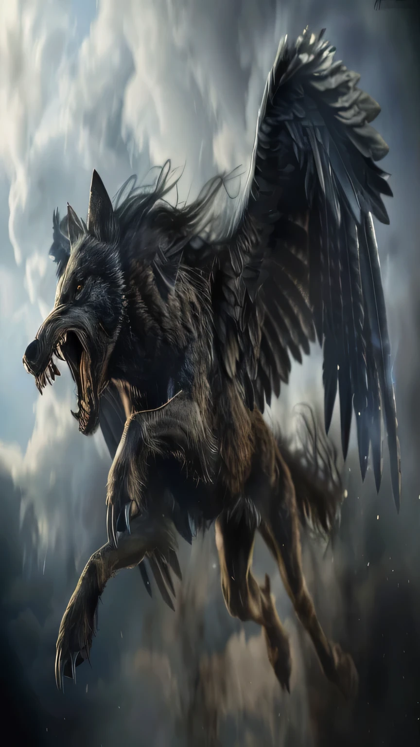 There is a big black animal with wings flying in the sky, winged wolf, Fenrir, minotaur wolf, flying mythical beast, werewolf”, werewolf?, spider, wolf in hell, werewolf, cold wolf, talk wolf, Anthropomorphic wolf, dark grey wolf o'donnell, big wolf, author:Sava Sumanovich