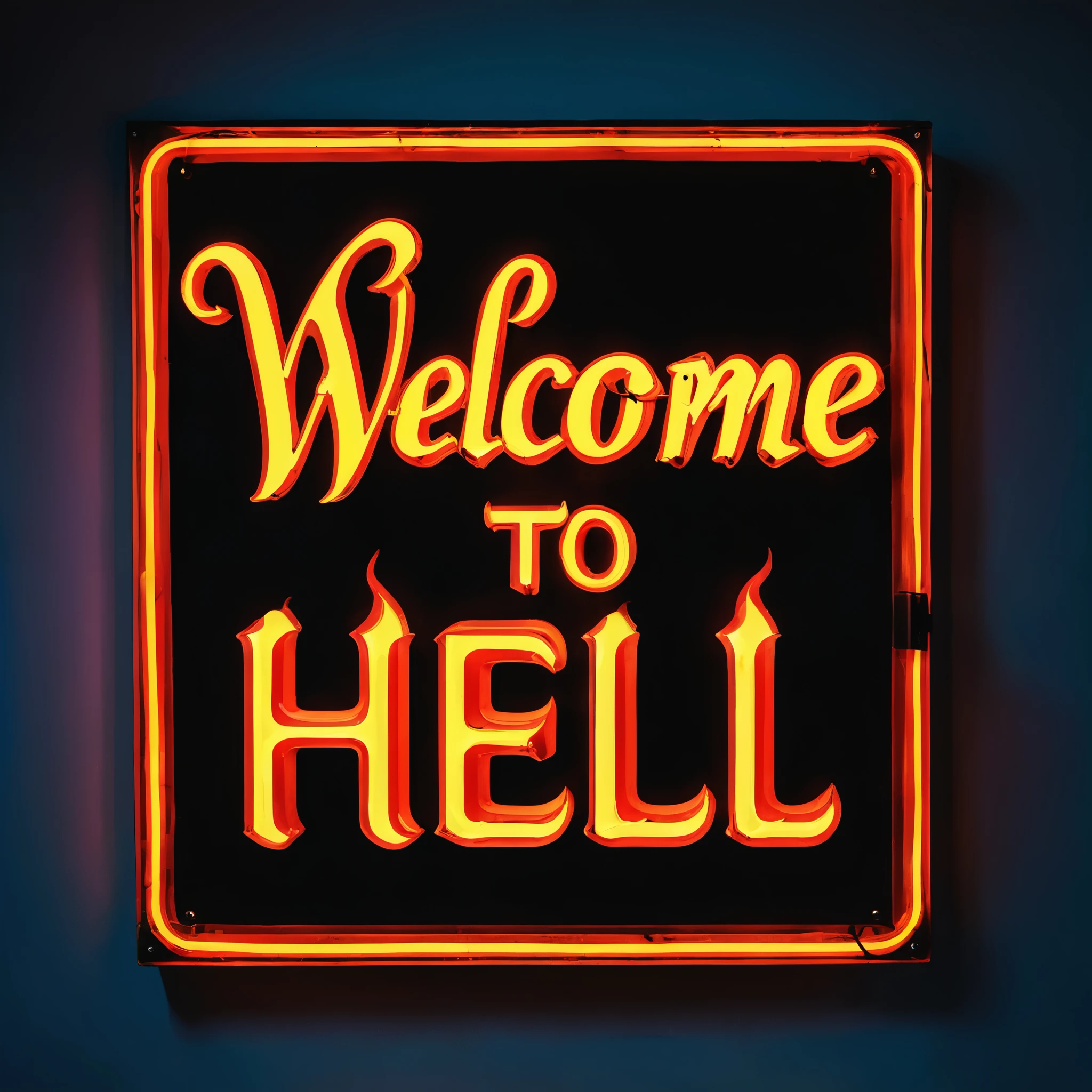 High Quality neon signboard, sign that says "Welcome to Hell" in italics, written in flames
