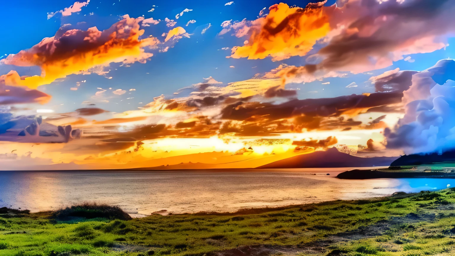 ((high res, HDR, HD, Ultra sharp, 8k)), artwork of a tropical beach with sea and clouds in the background few islands, sunset time, very detailed landscape